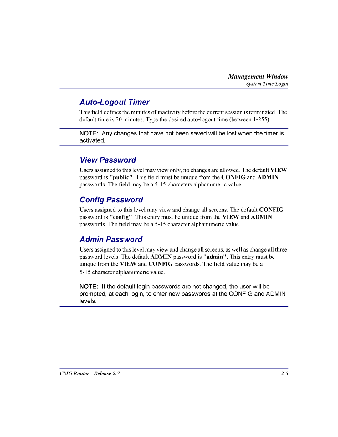 Carrier Access CMG Router user manual Auto-Logout Timer, View Password, Config Password, Admin Password 