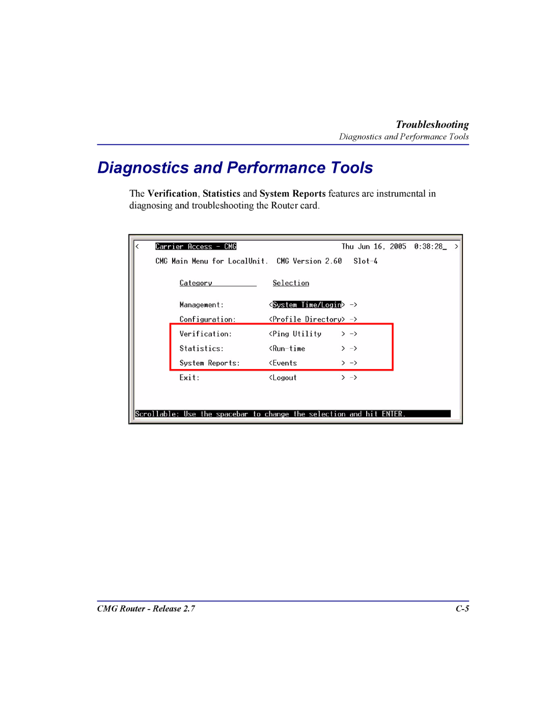 Carrier Access CMG Router user manual Diagnostics and Performance Tools 