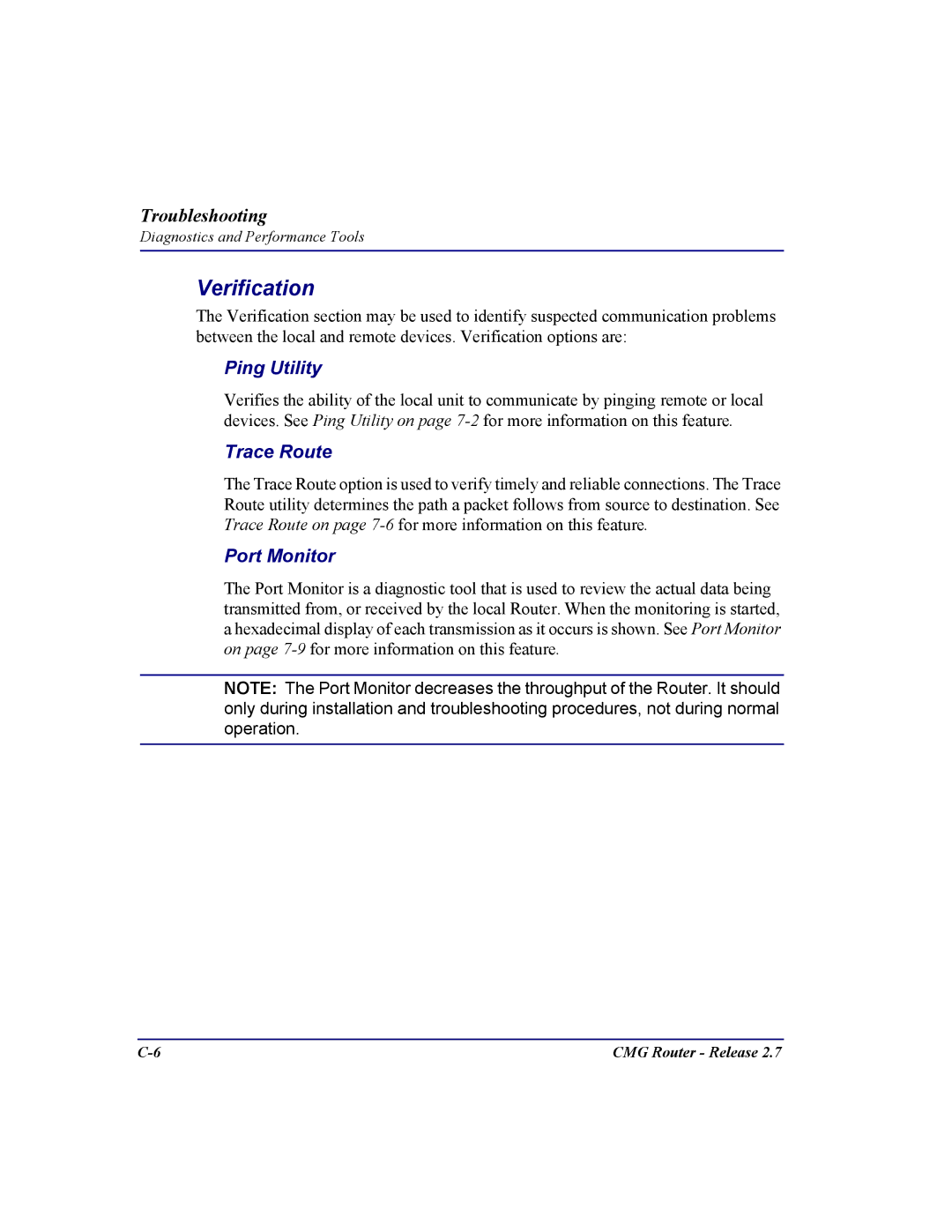 Carrier Access CMG Router user manual Verification, Ping Utility 