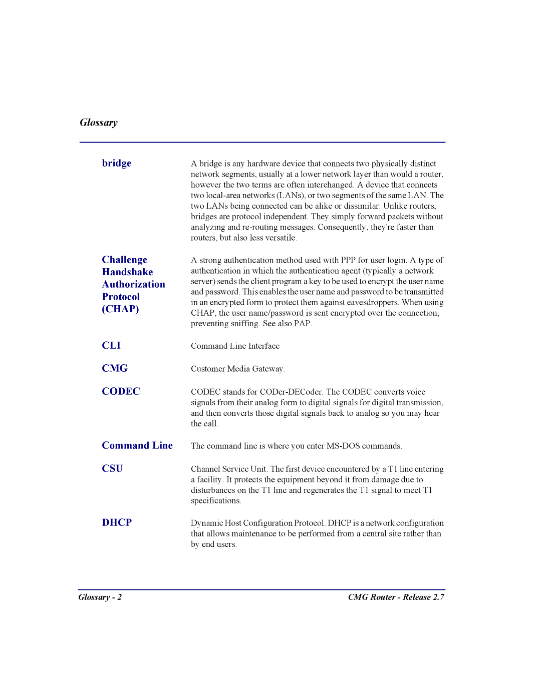 Carrier Access CMG Router user manual Bridge, Challenge Handshake Authorization Protocol Chap, Command Line 