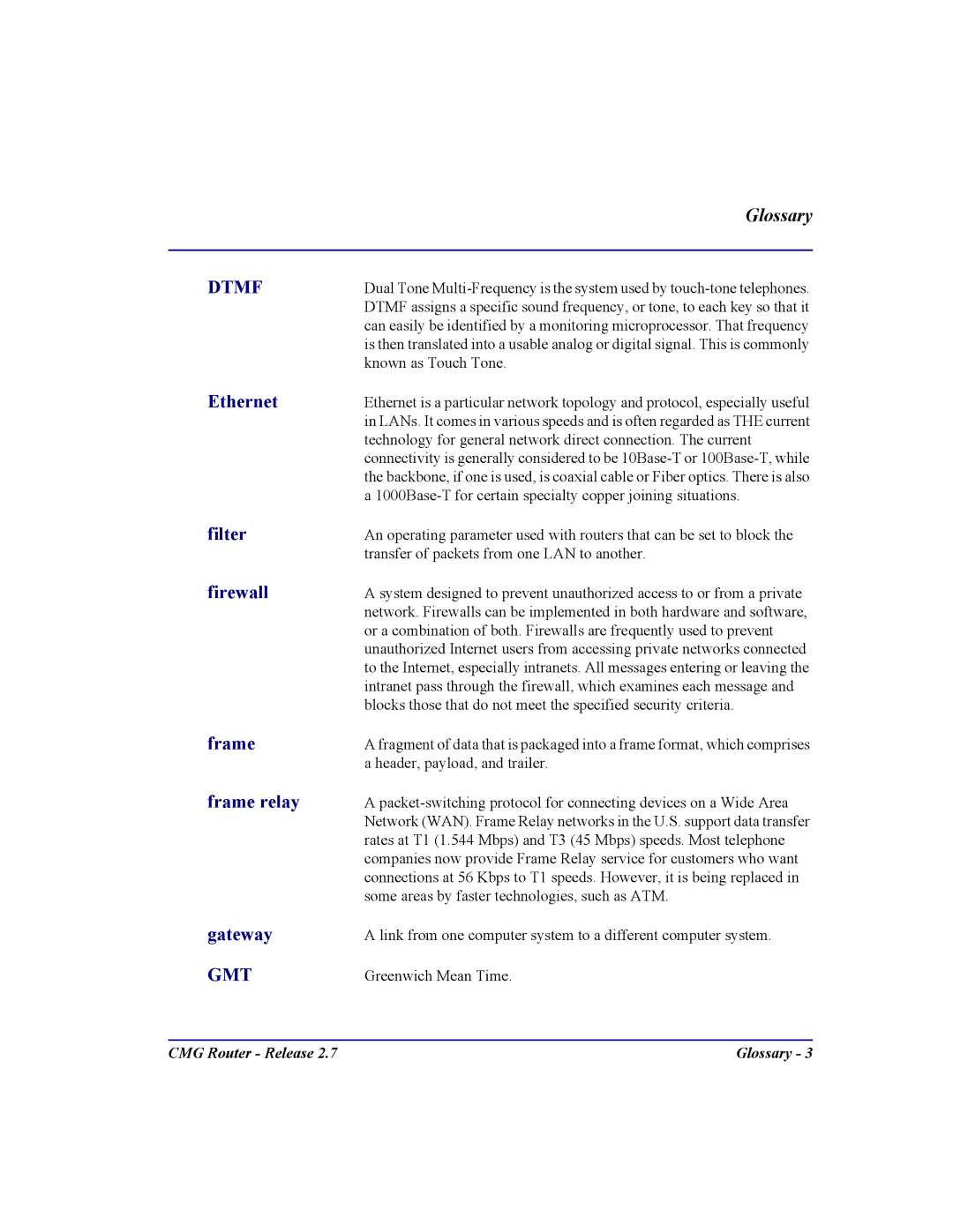 Carrier Access CMG Router user manual Ethernet, Firewall, Frame relay, Gateway 