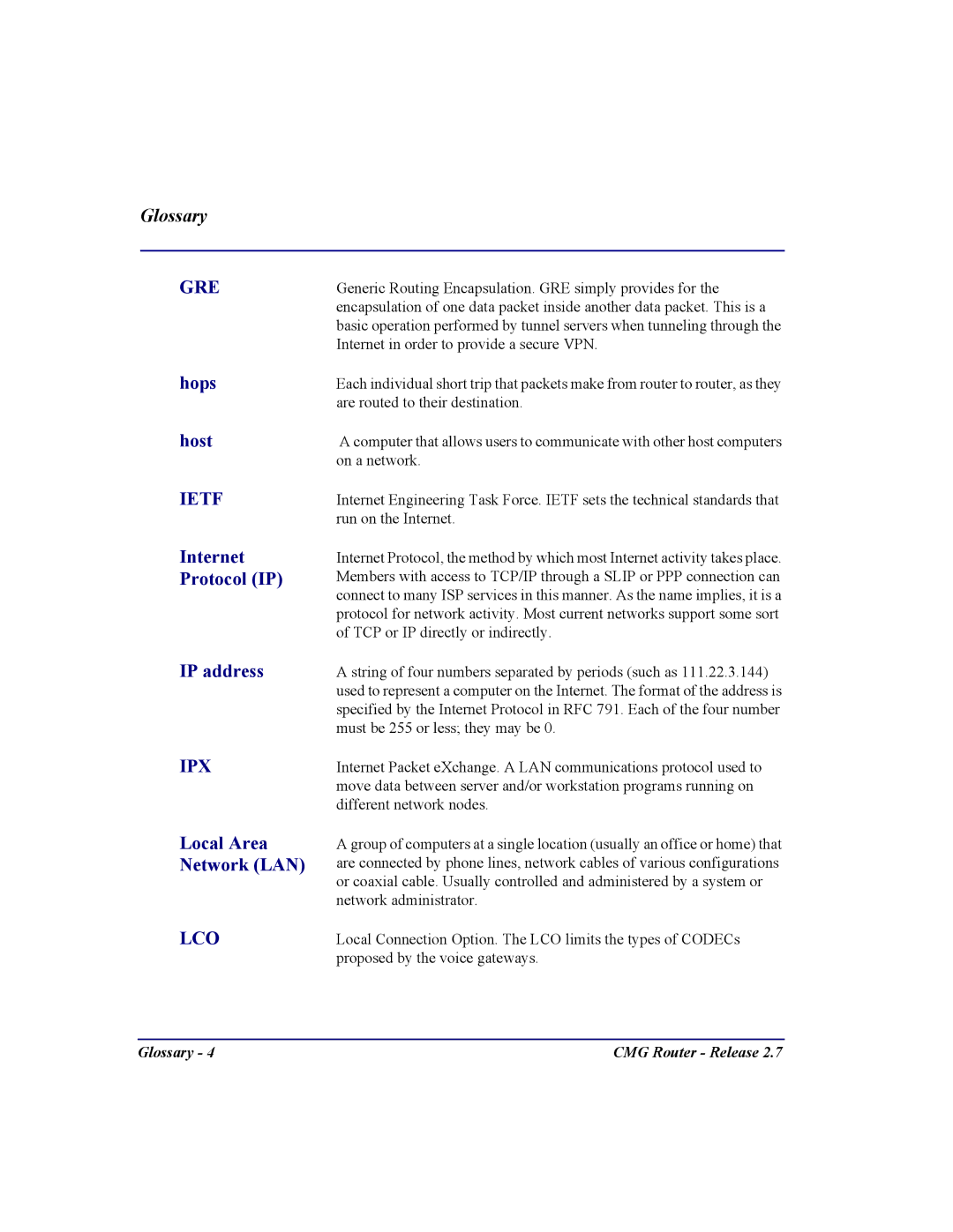 Carrier Access CMG Router user manual Host, Internet, Protocol IP, Local Area Network LAN 