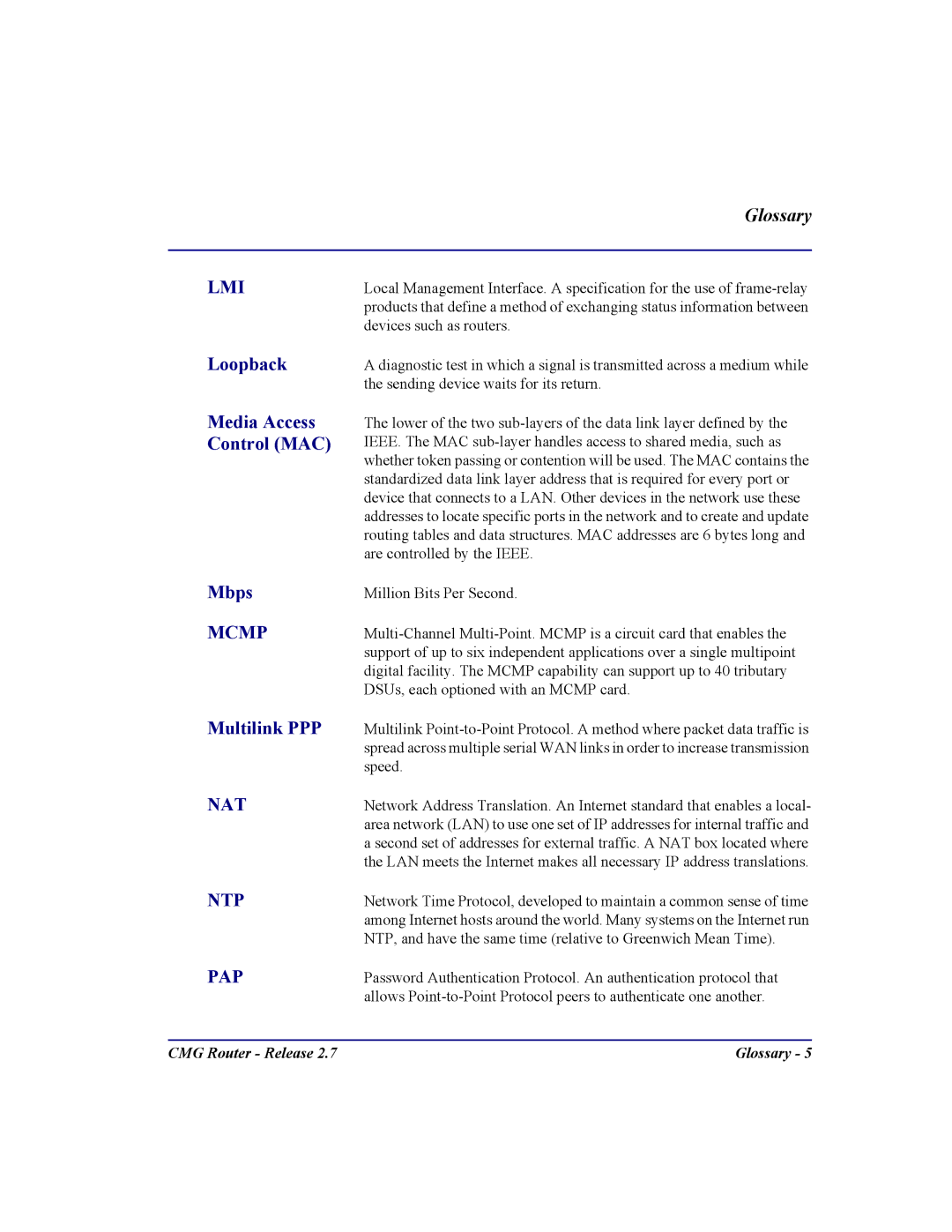 Carrier Access CMG Router user manual Loopback Media Access Control MAC Mbps, Multilink PPP 