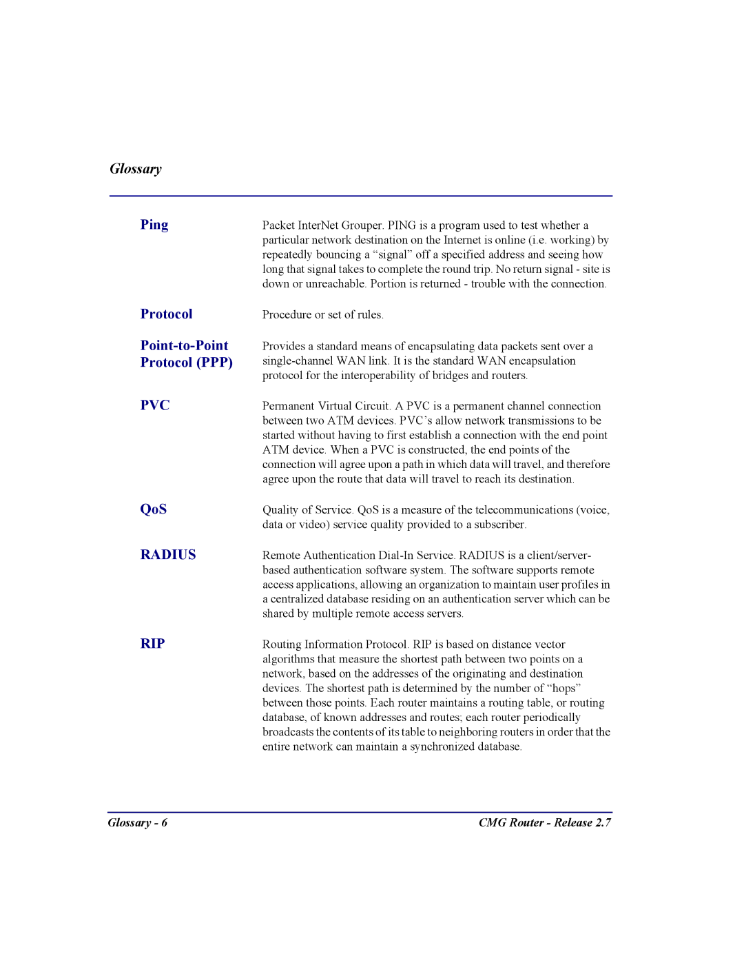 Carrier Access CMG Router user manual Ping, Protocol Point-to-Point Protocol PPP, QoS 