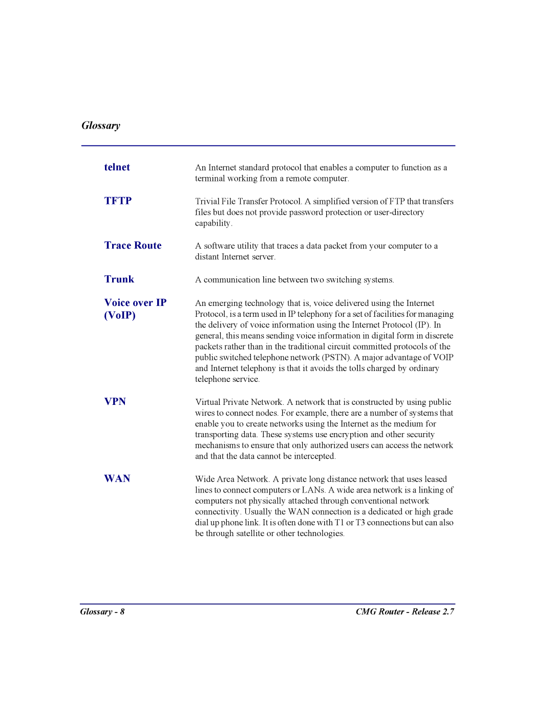 Carrier Access CMG Router user manual Telnet, Trace Route Trunk Voice over IP VoIP 