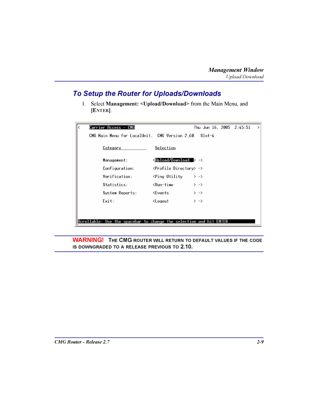 Carrier Access CMG Router user manual To Setup the Router for Uploads/Downloads 