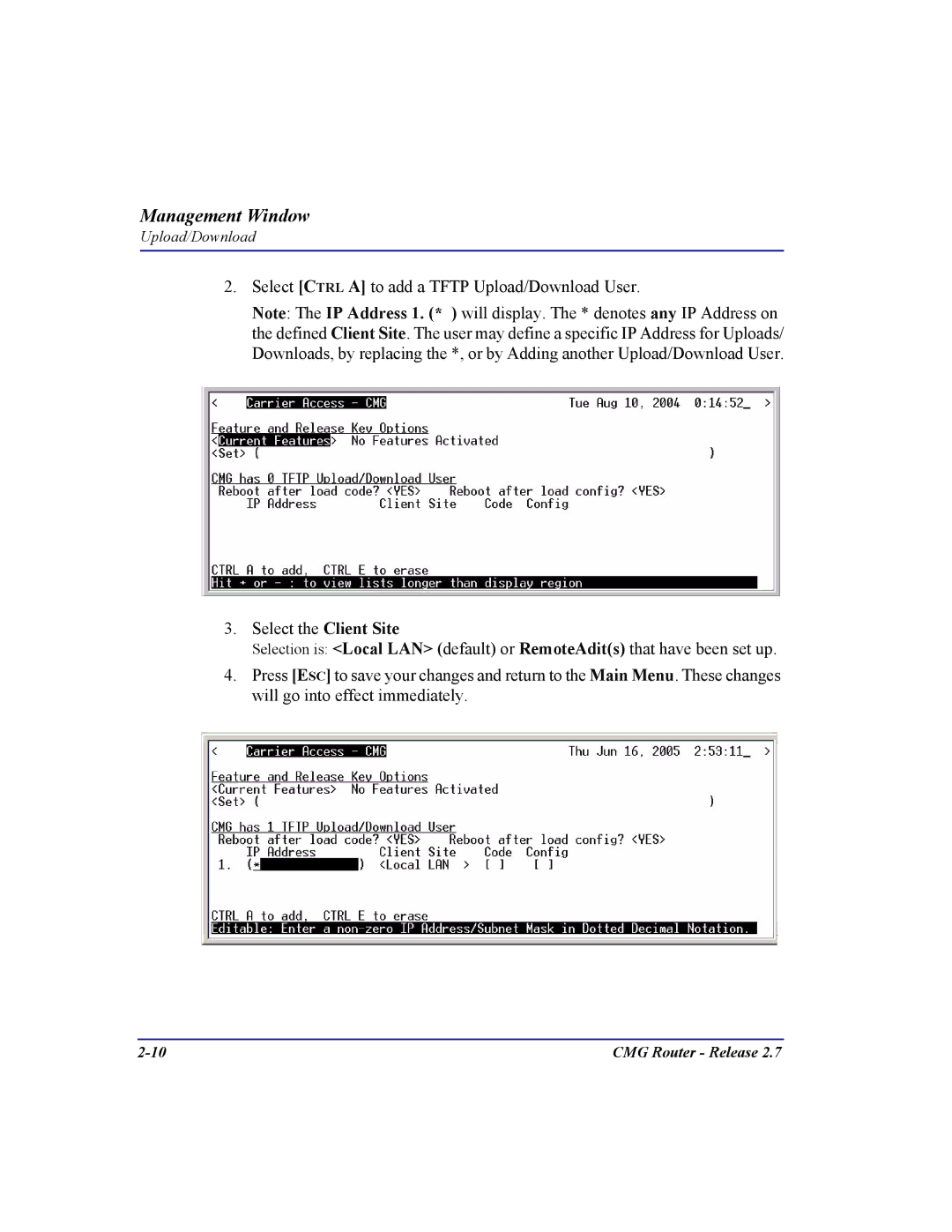 Carrier Access CMG Router user manual Management Window 