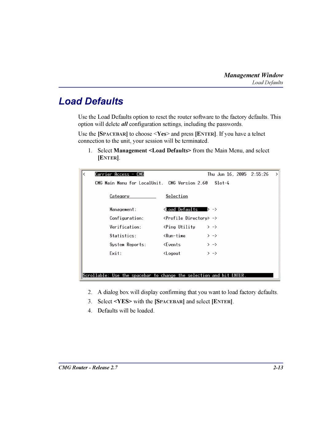 Carrier Access CMG Router user manual Load Defaults 