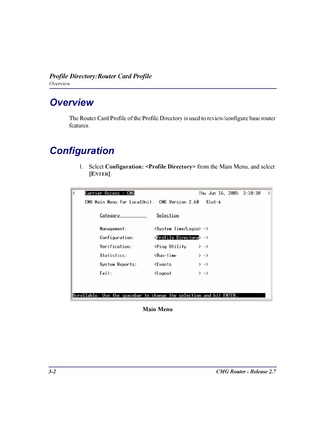 Carrier Access CMG Router user manual Configuration, Main Menu 