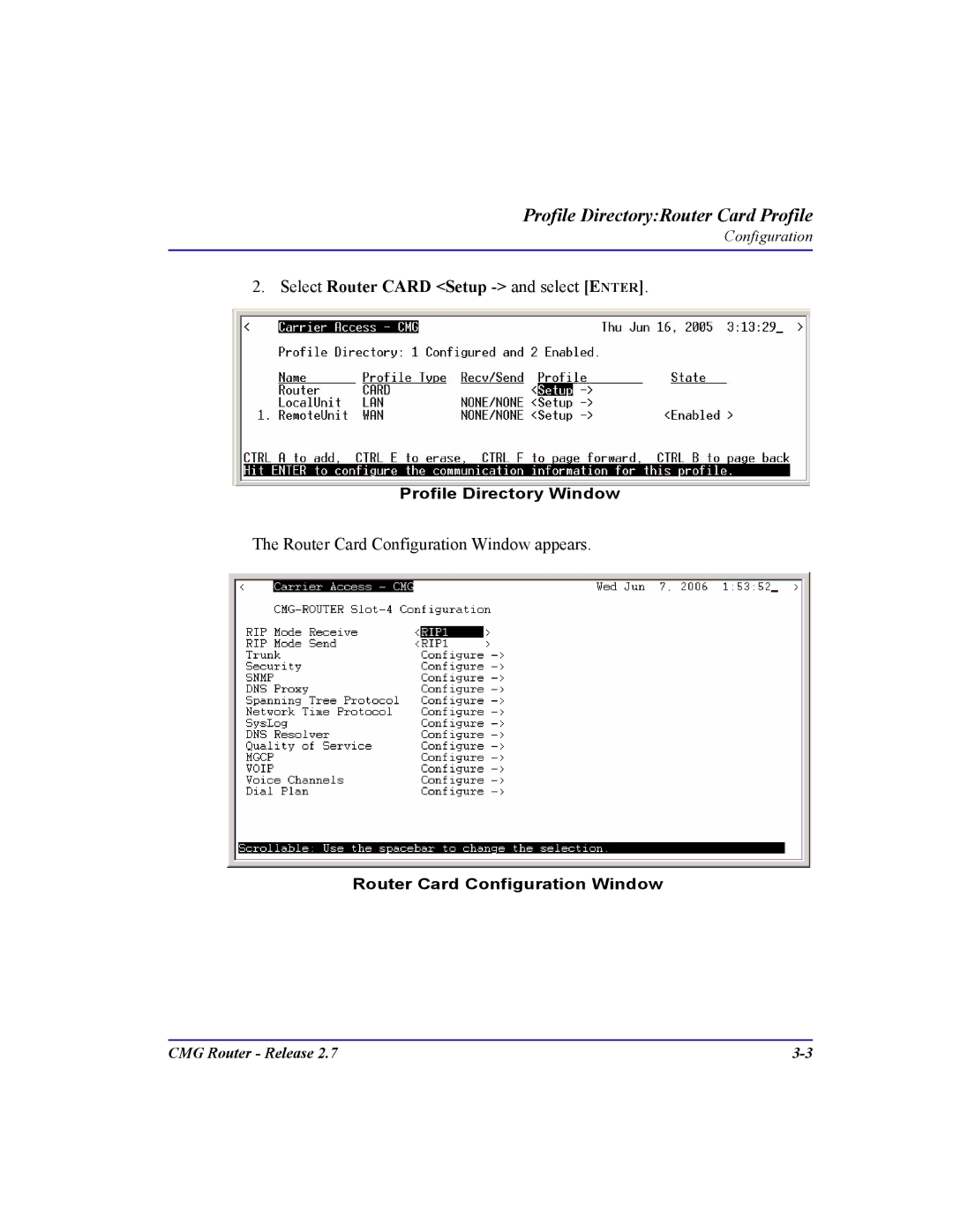 Carrier Access CMG Router user manual Select Router Card Setup and select Enter 