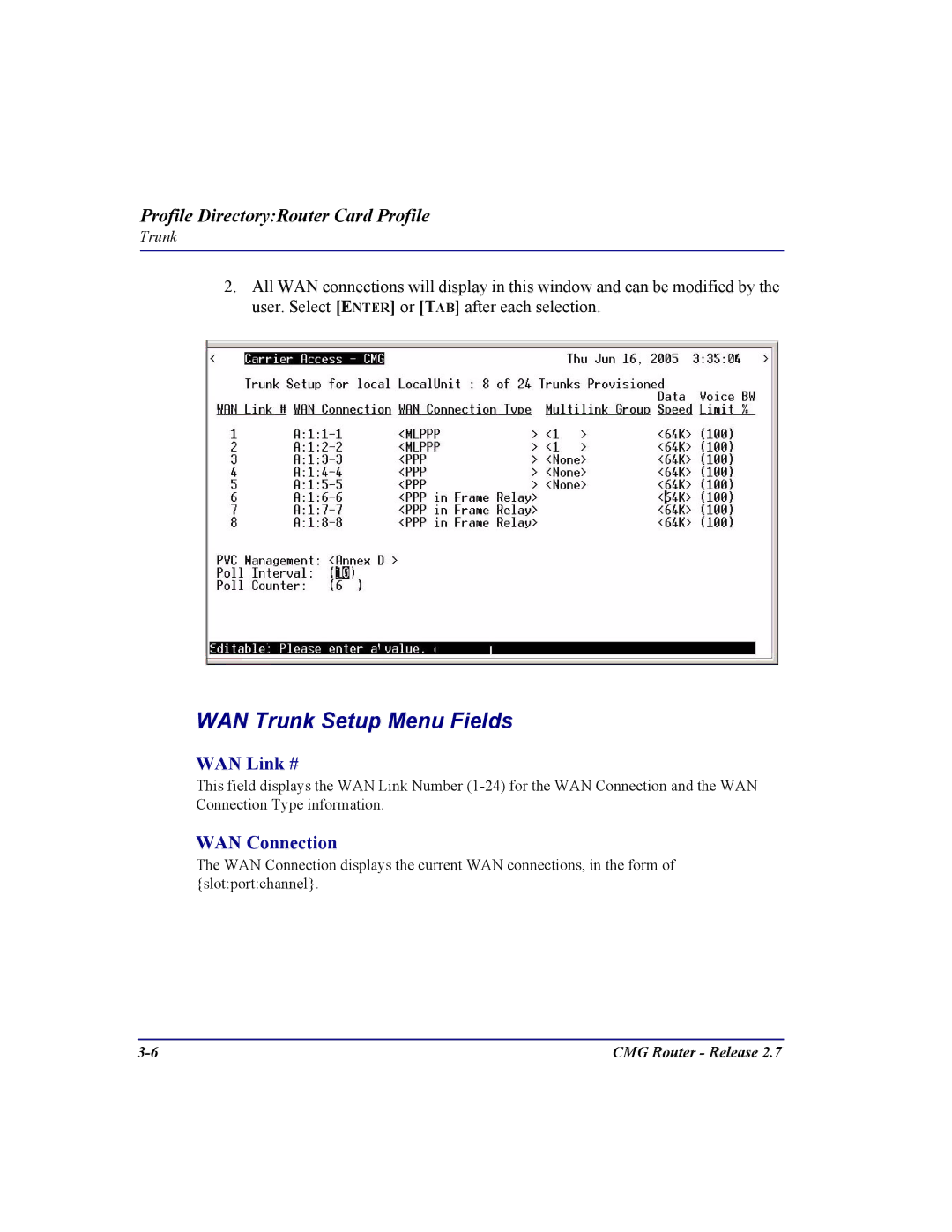 Carrier Access CMG Router user manual WAN Trunk Setup Menu Fields, WAN Link #, WAN Connection 