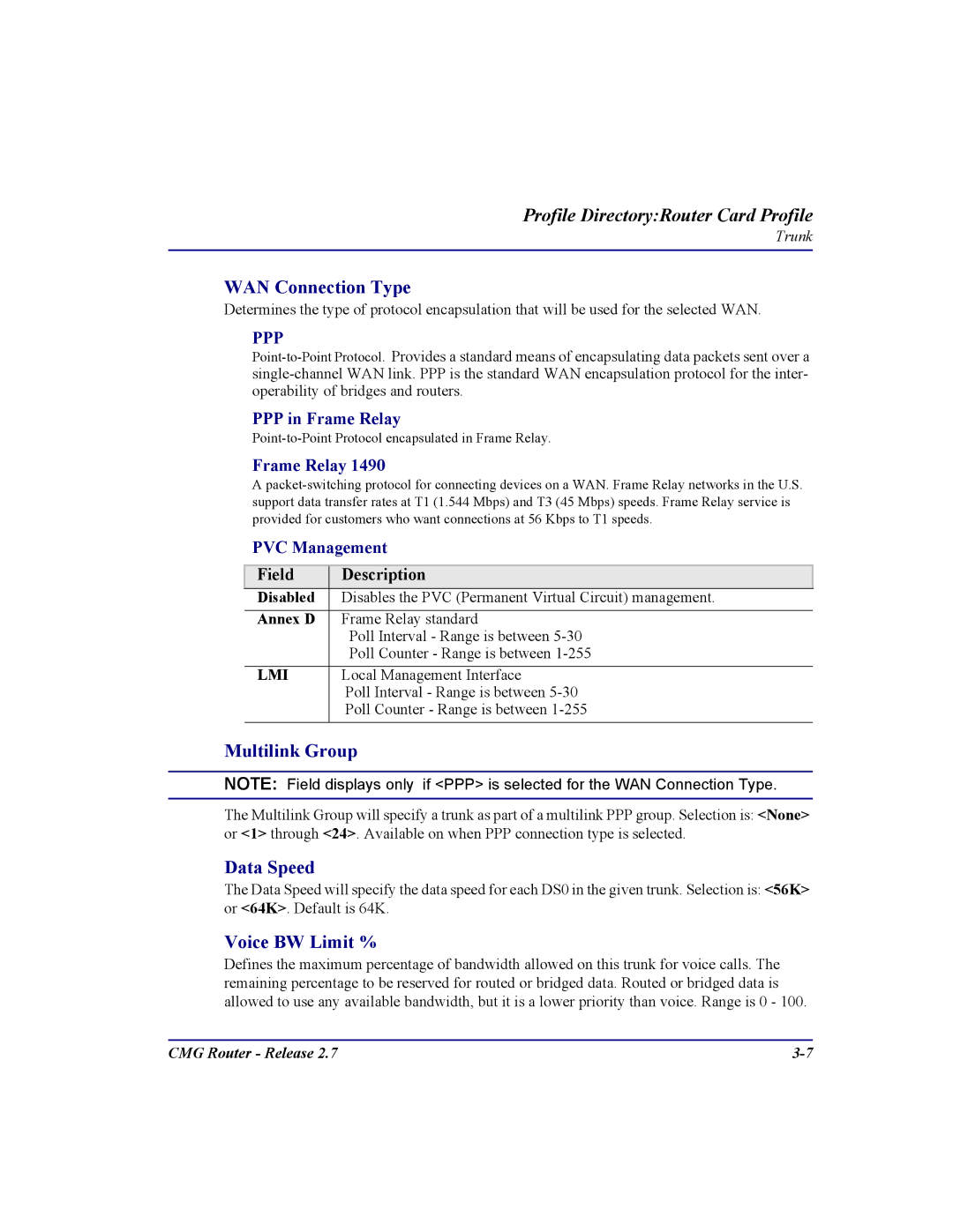 Carrier Access CMG Router user manual WAN Connection Type, Multilink Group, Data Speed, Voice BW Limit % 