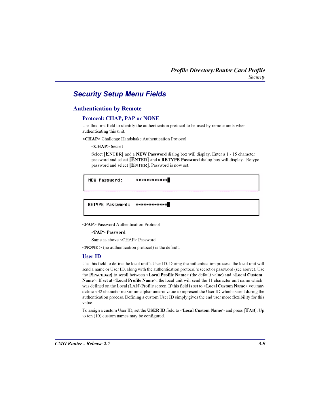 Carrier Access CMG Router Security Setup Menu Fields, Authentication by Remote, Protocol CHAP, PAP or None, User ID 