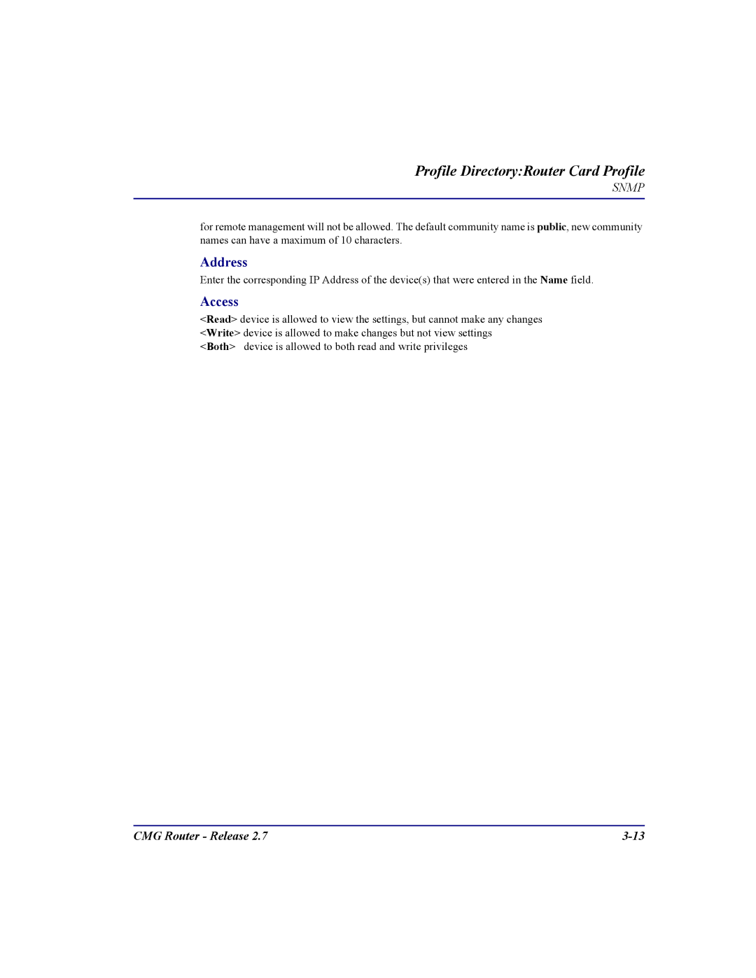 Carrier Access CMG Router user manual Address, Access 