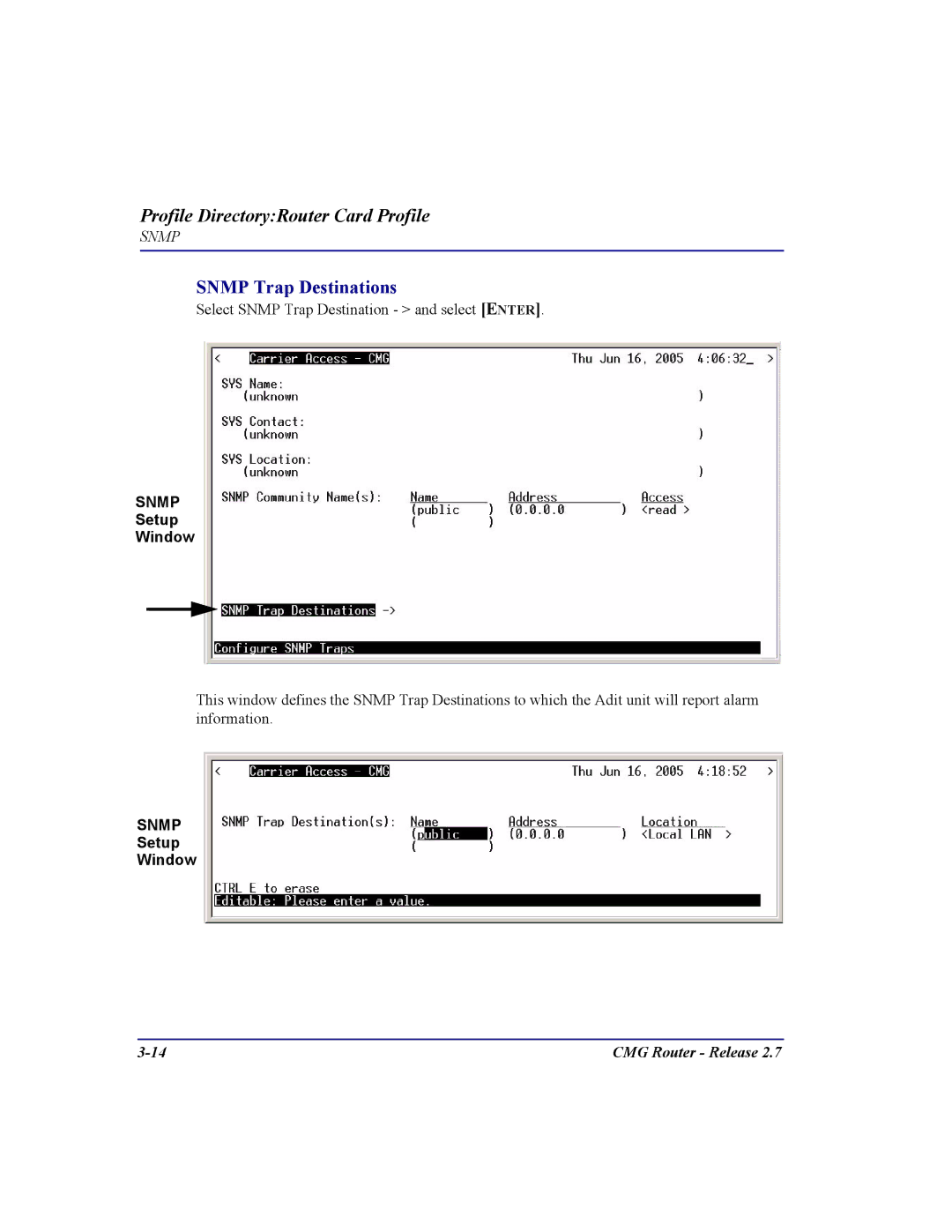 Carrier Access CMG Router user manual Snmp Trap Destinations 