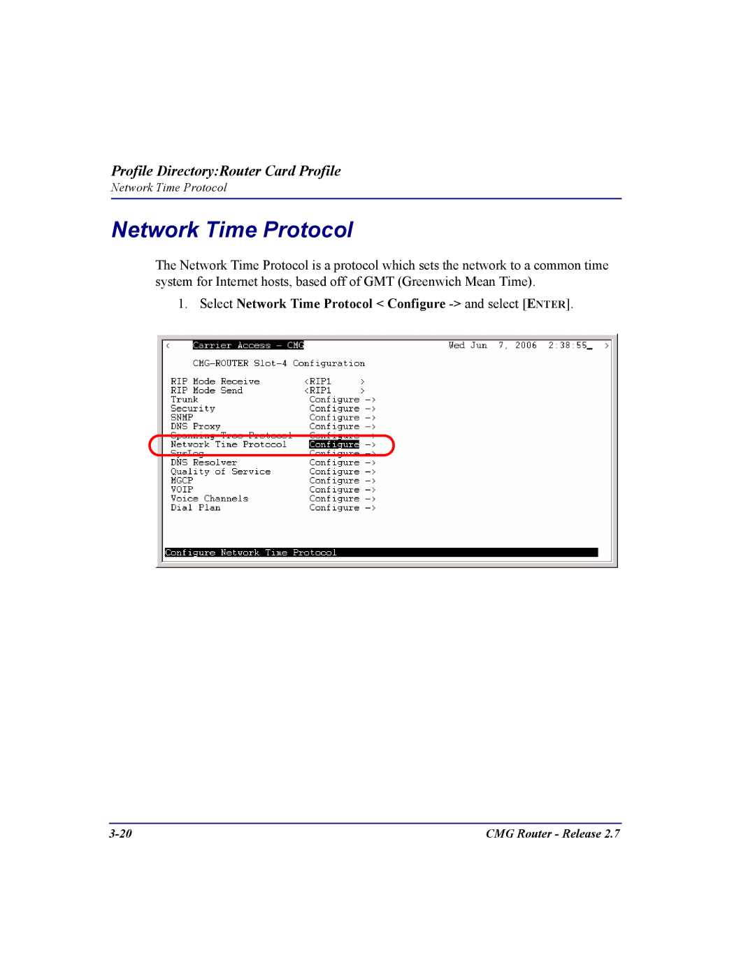 Carrier Access CMG Router user manual Select Network Time Protocol Configure and select Enter 