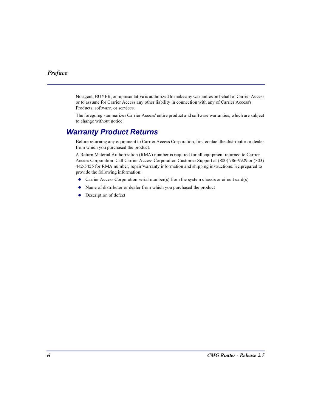 Carrier Access CMG Router user manual Warranty Product Returns 