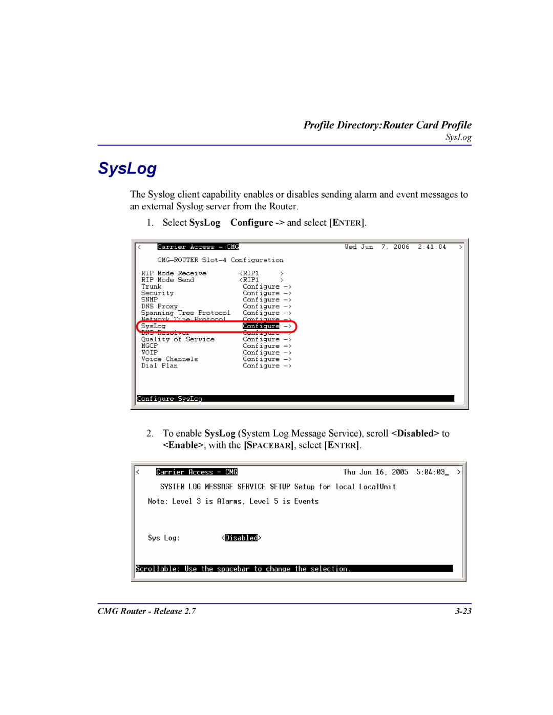 Carrier Access CMG Router user manual SysLog 