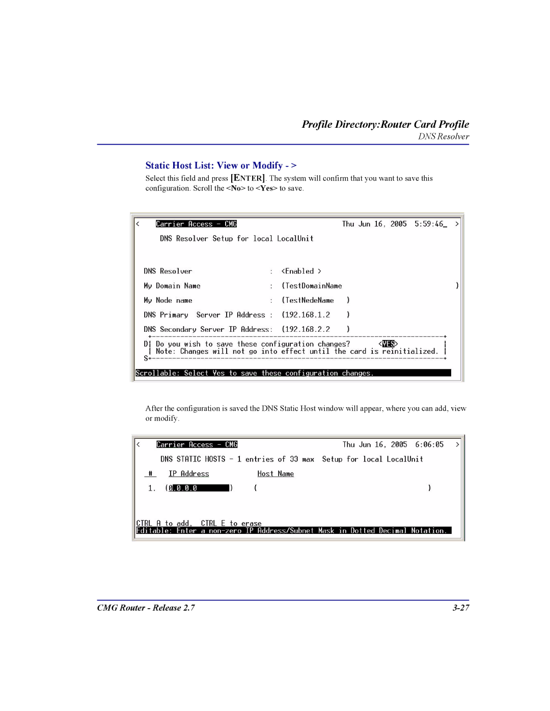 Carrier Access CMG Router user manual Static Host List View or Modify 