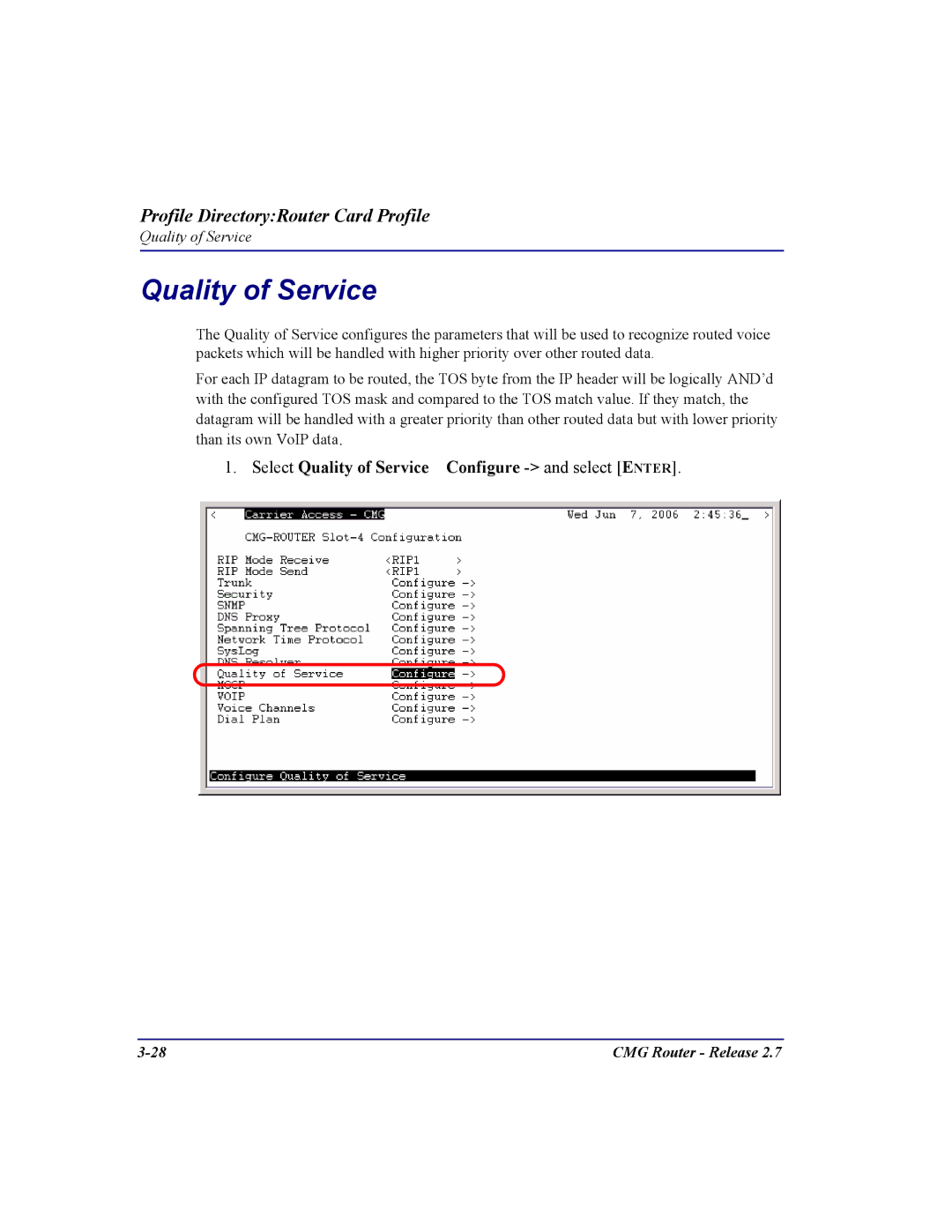 Carrier Access CMG Router user manual Select Quality of Service Configure and select Enter 