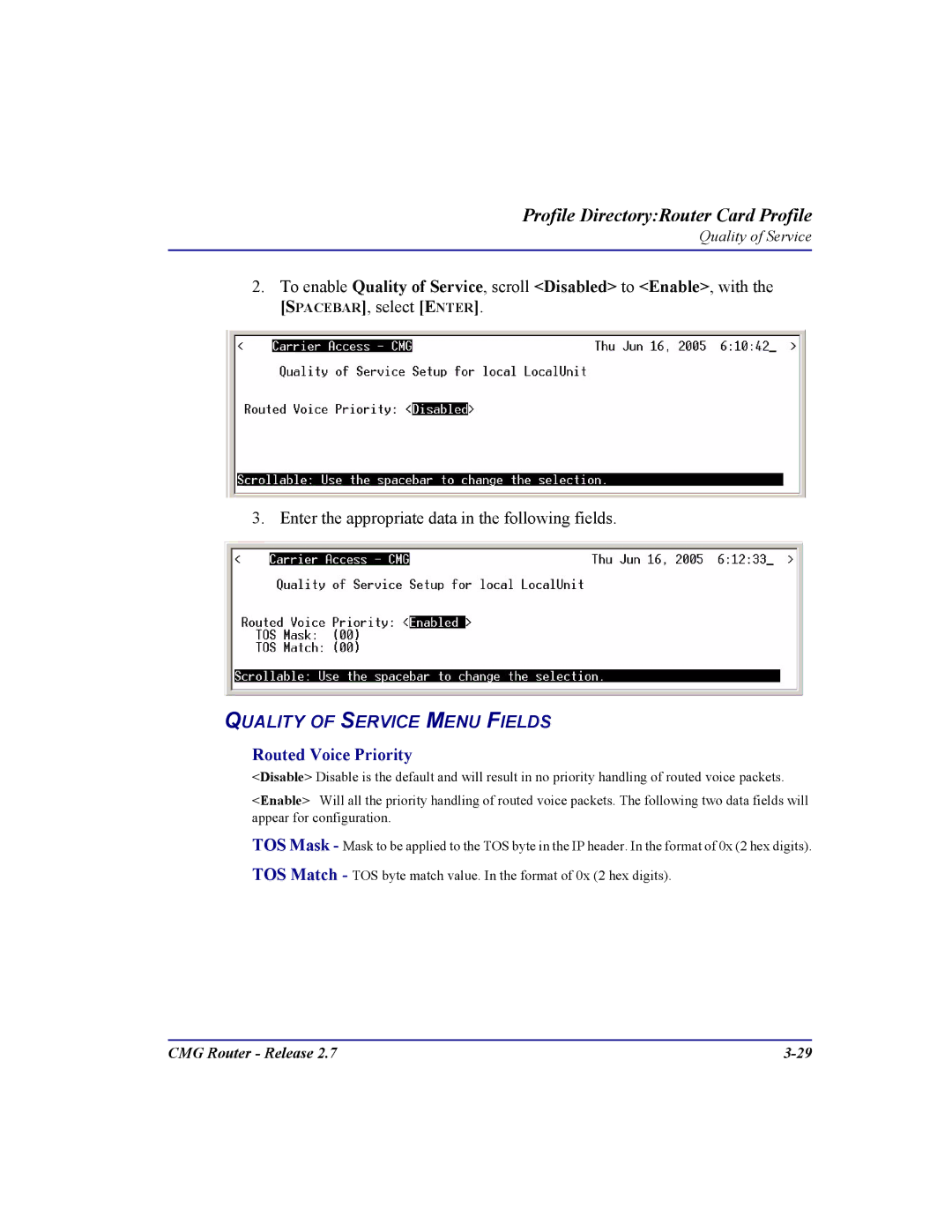 Carrier Access CMG Router user manual Quality of Service Menu Fields, Routed Voice Priority 