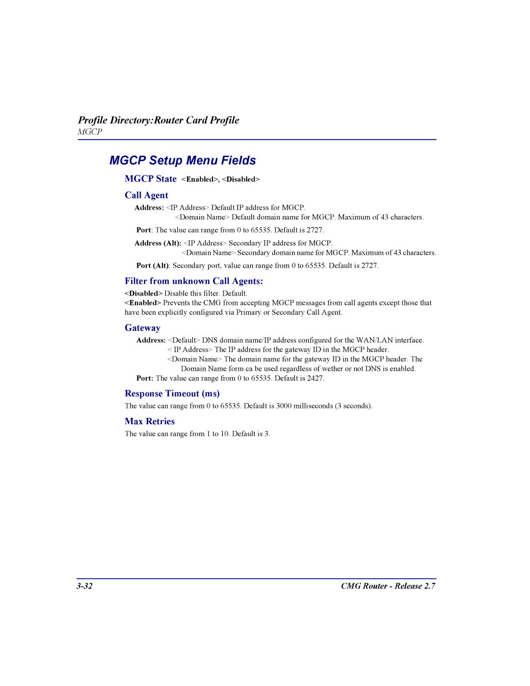 Carrier Access CMG Router user manual Mgcp Setup Menu Fields 