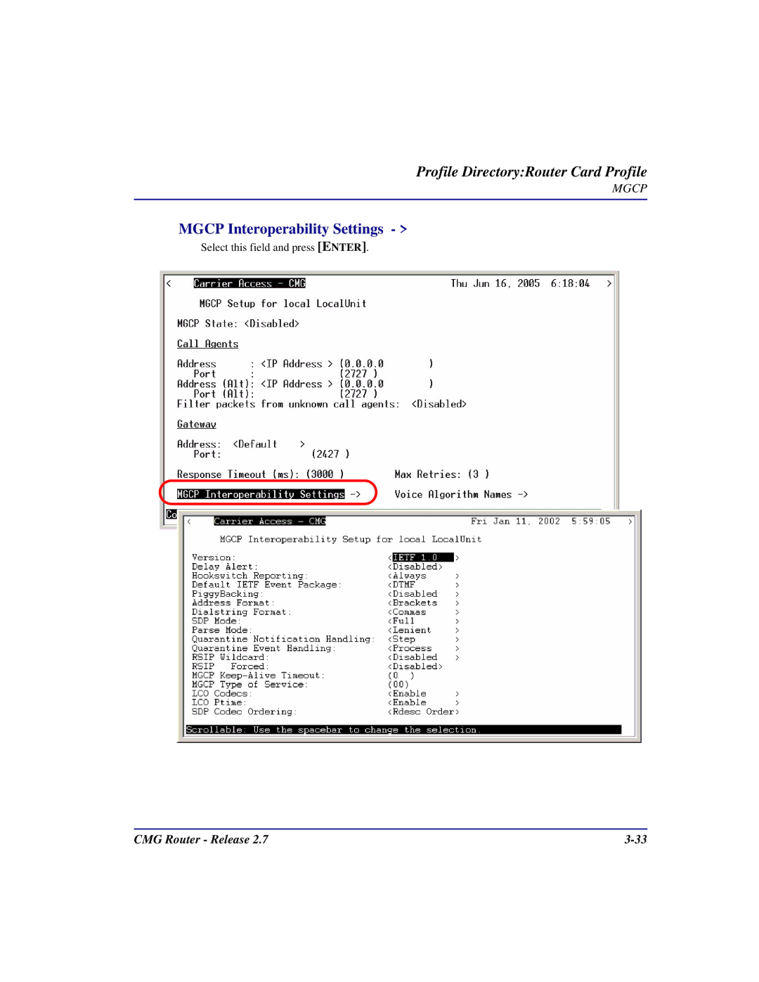 Carrier Access CMG Router user manual Mgcp Interoperability Settings 