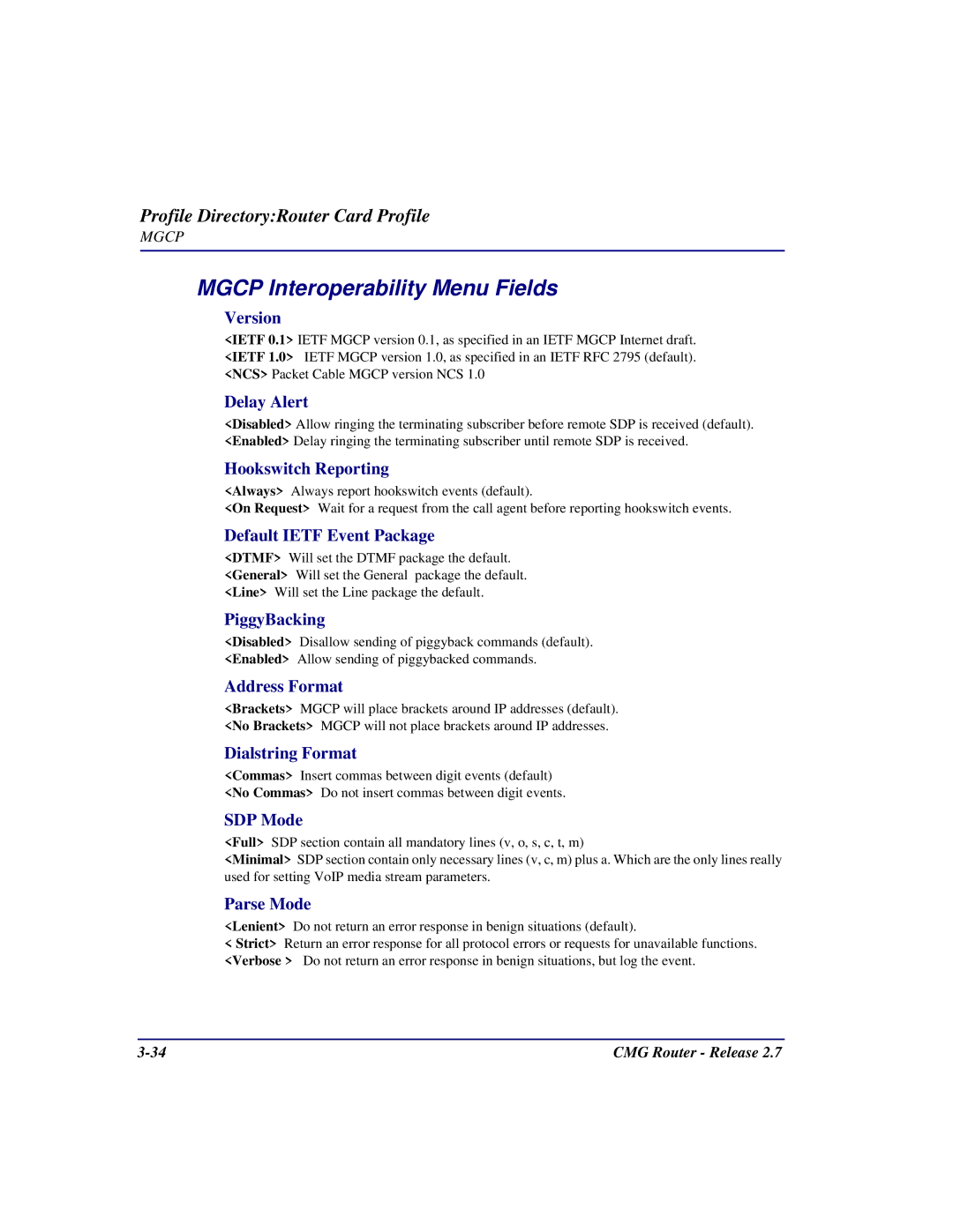 Carrier Access CMG Router user manual Mgcp Interoperability Menu Fields 