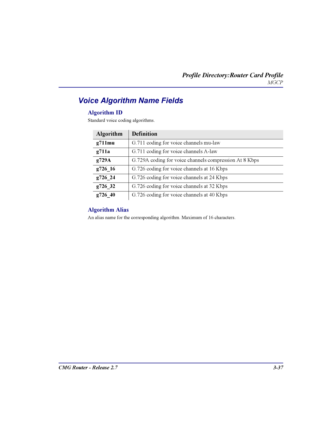 Carrier Access CMG Router user manual Voice Algorithm Name Fields, Algorithm ID, Algorithm Definition, Algorithm Alias 