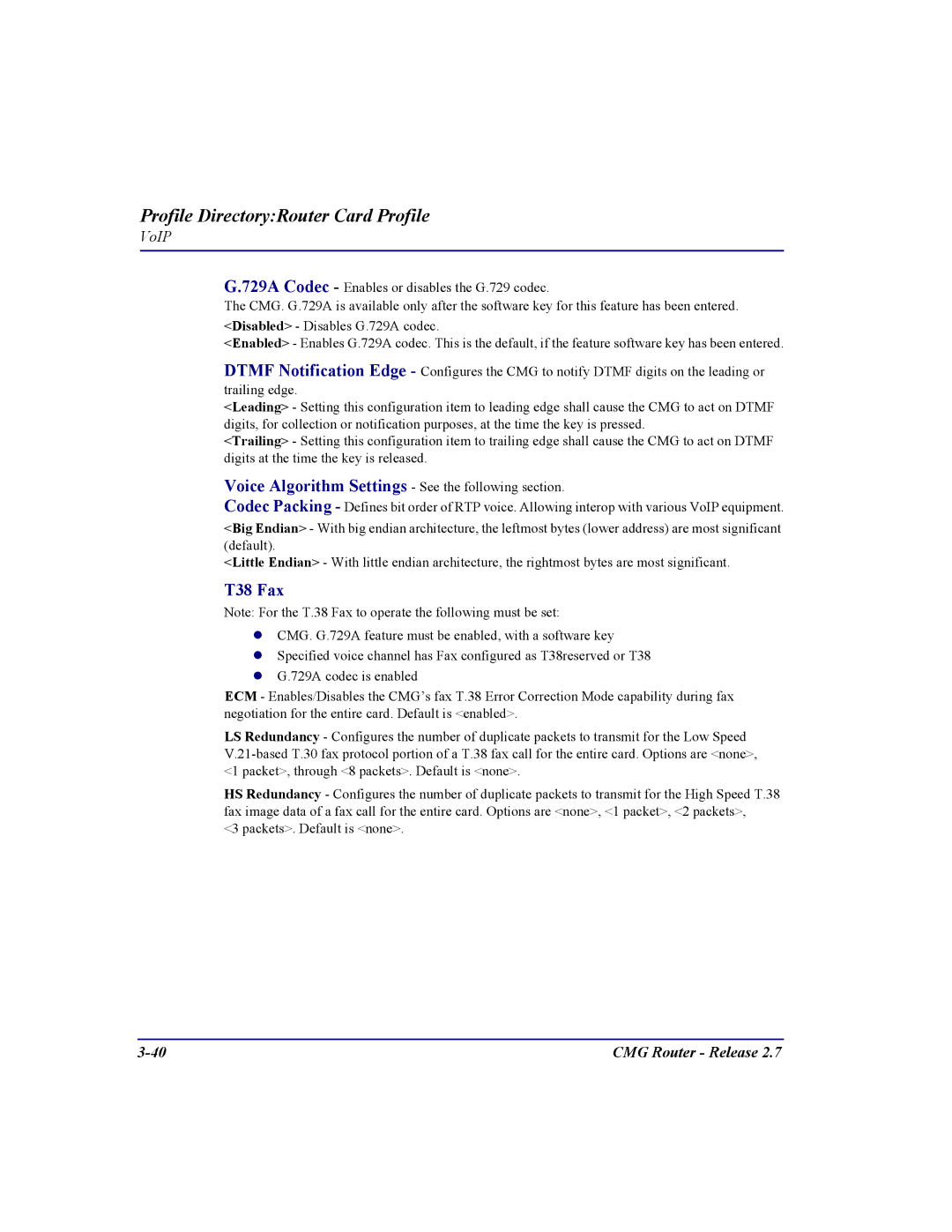 Carrier Access CMG Router user manual Voice Algorithm Settings, T38 Fax 