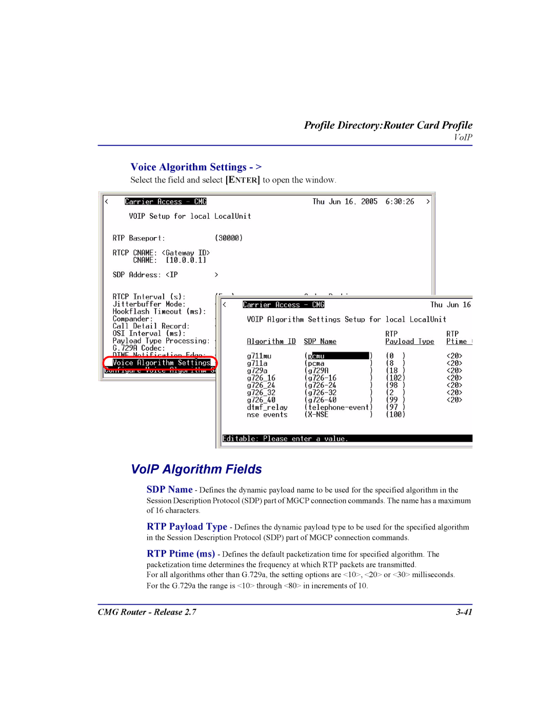 Carrier Access CMG Router user manual VoIP Algorithm Fields, Voice Algorithm Settings 