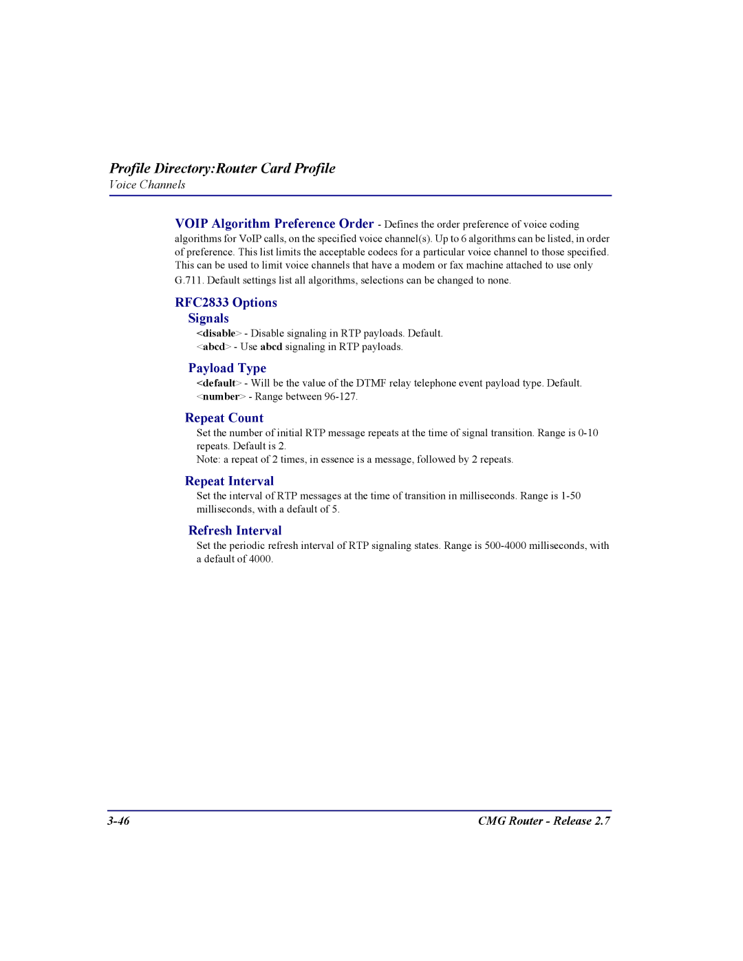 Carrier Access CMG Router RFC2833 Options Signals, Payload Type, Repeat Count, Repeat Interval, Refresh Interval 