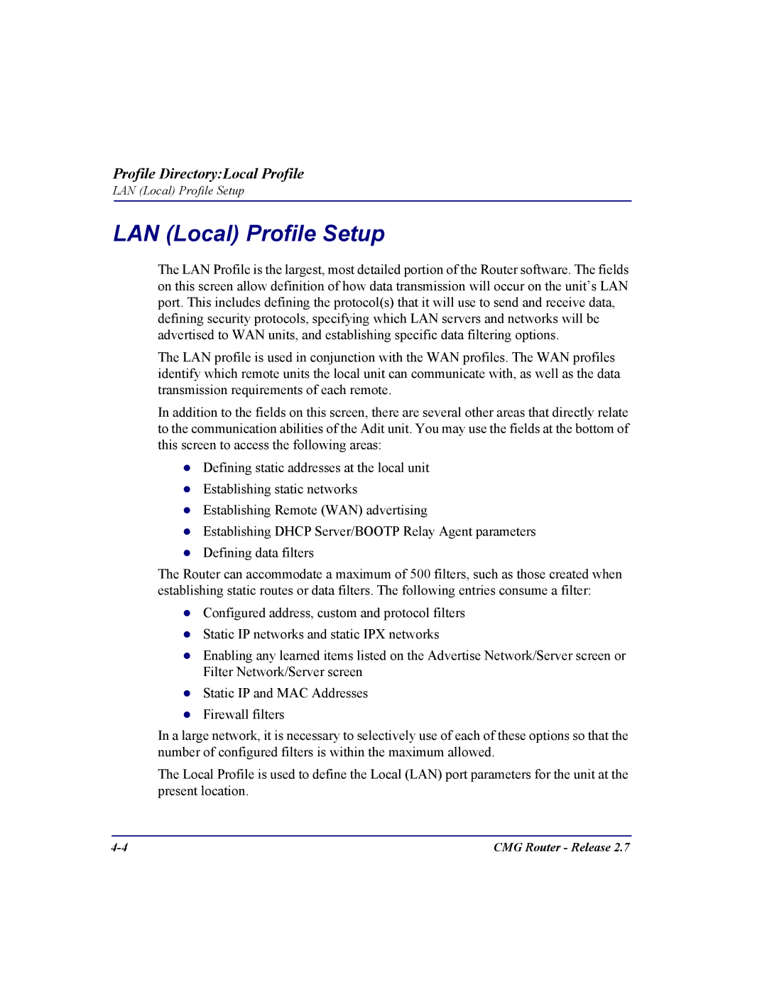 Carrier Access CMG Router user manual LAN Local Profile Setup 