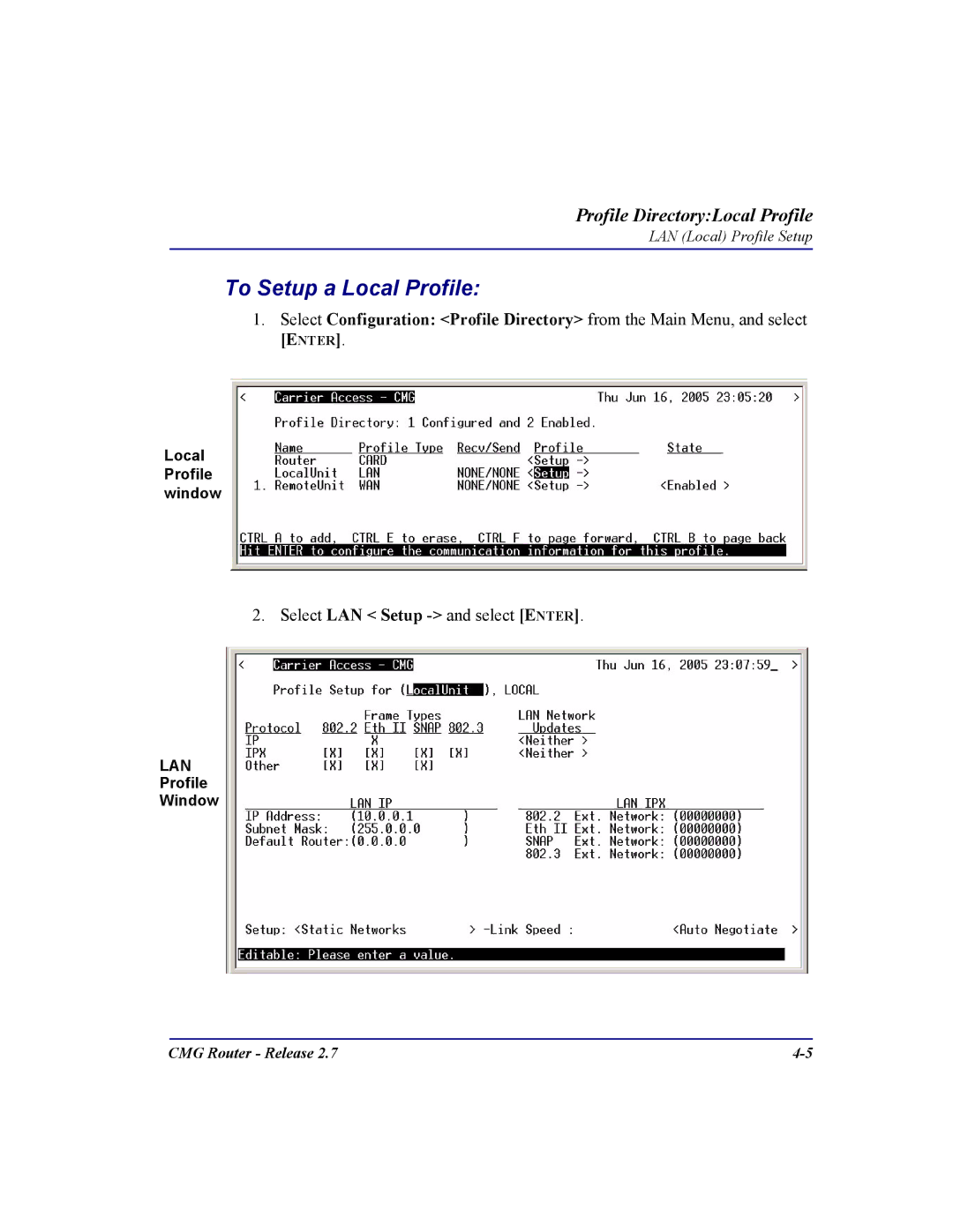 Carrier Access CMG Router user manual To Setup a Local Profile 