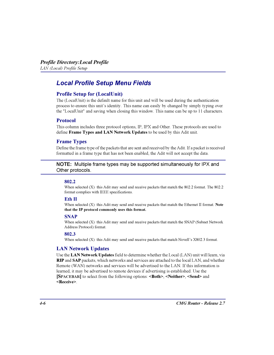 Carrier Access CMG Router user manual Local Profile Setup Menu Fields, Profile Setup for LocalUnit, Protocol, Frame Types 