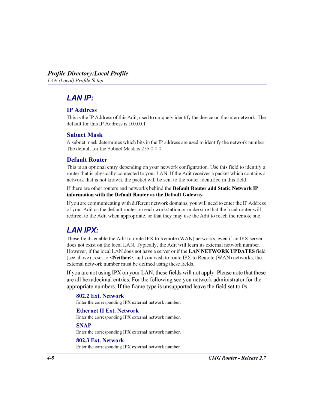 Carrier Access CMG Router user manual IP Address, Subnet Mask, Default Router 