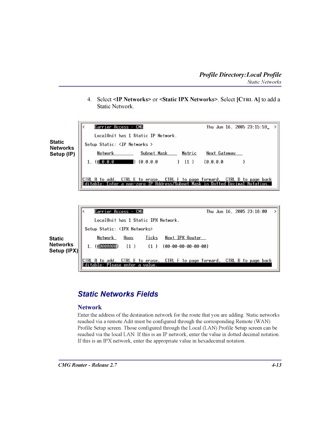 Carrier Access CMG Router user manual Static Networks Fields 