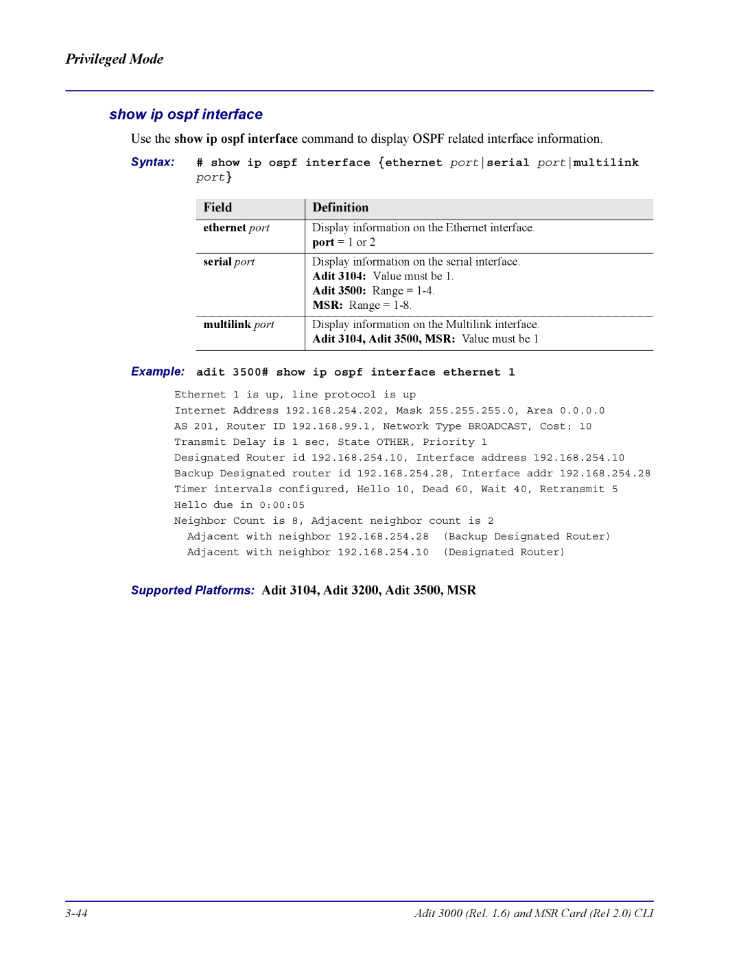 Carrier Access none manual Show ip ospf interface, Example adit 3500# show ip ospf interface ethernet 