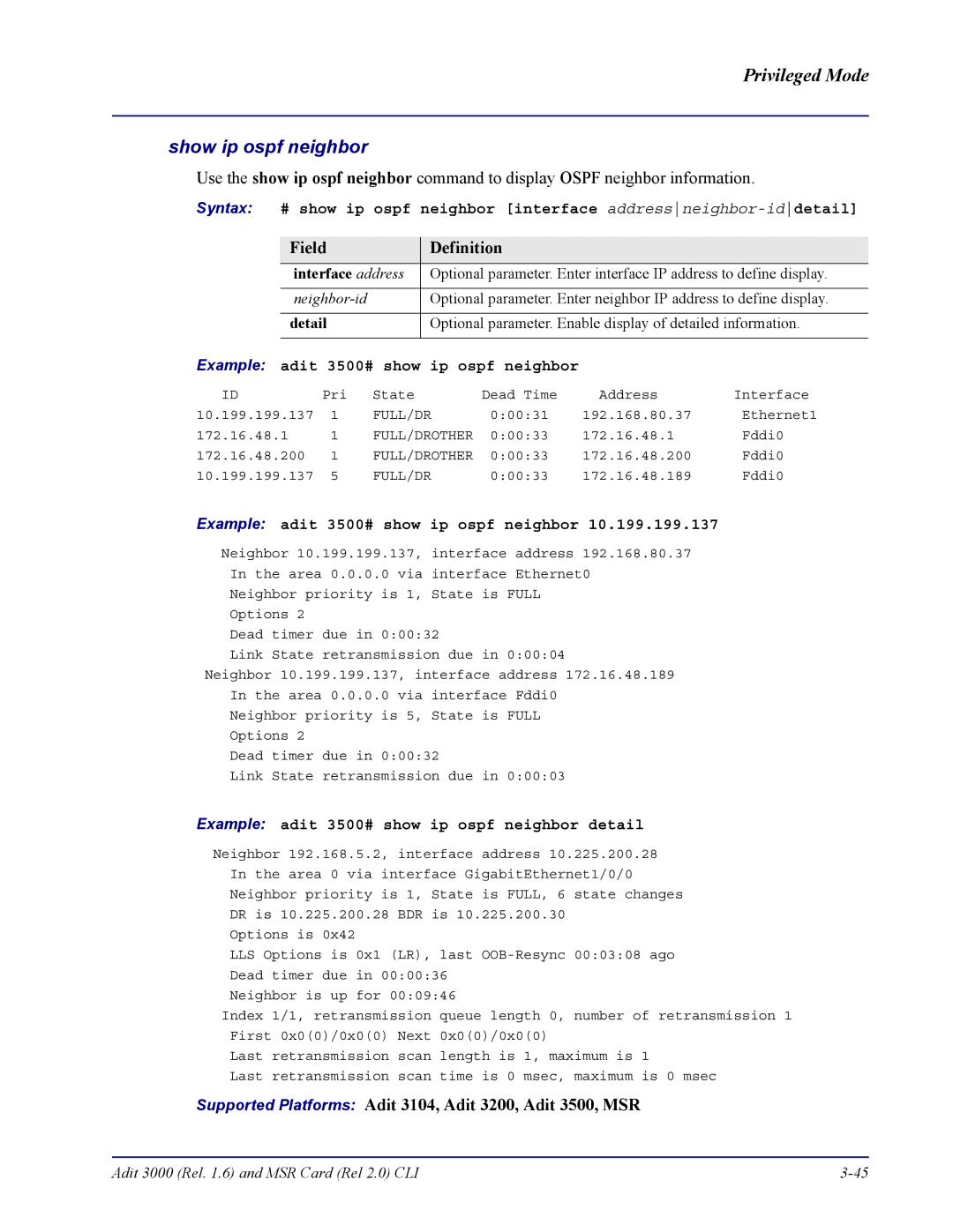 Carrier Access none manual Example adit 3500# show Ip ospf neighbor, Example adit 3500# show ip ospf neighbor detail 