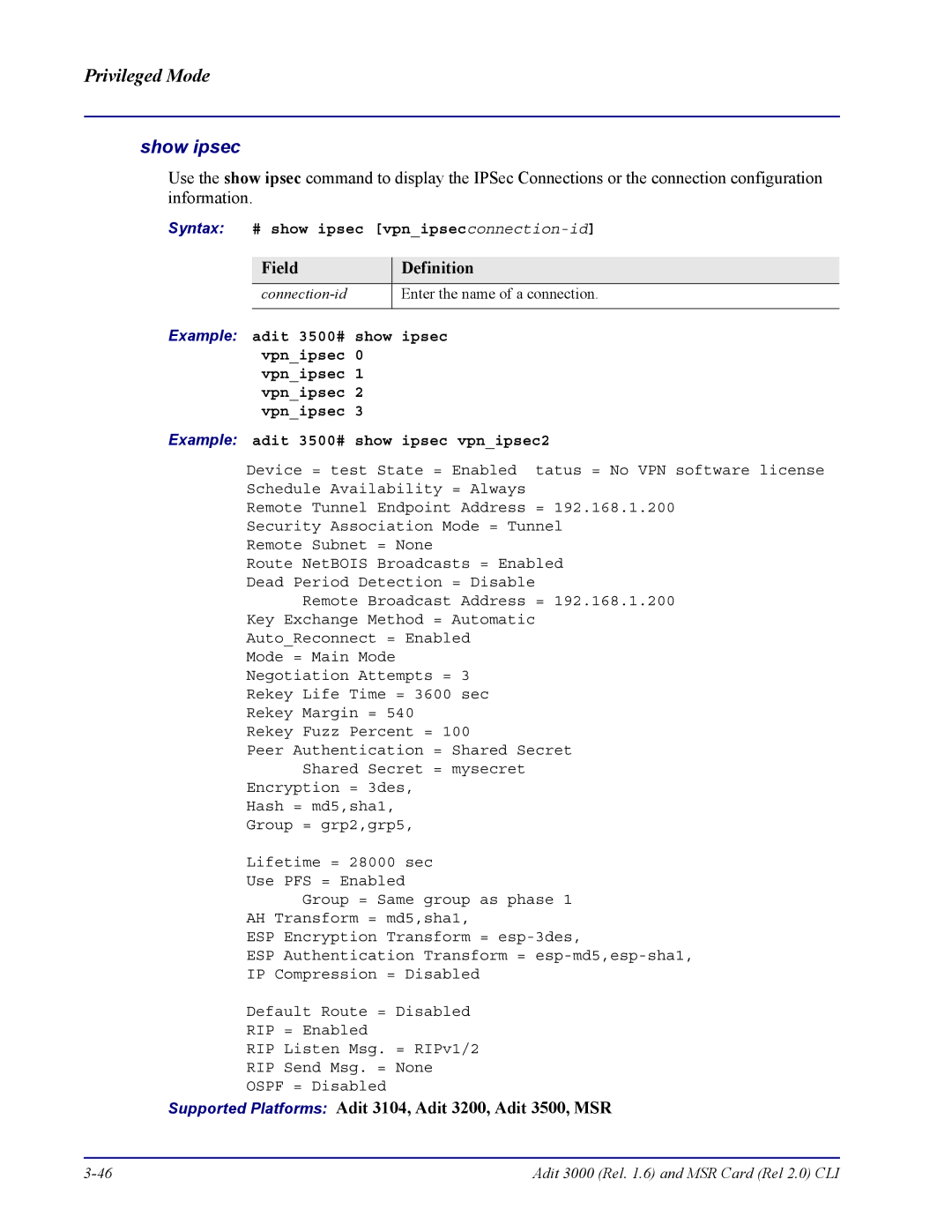 Carrier Access none manual Show ipsec, Syntax # show ipsec vpnipsecconnection-id 