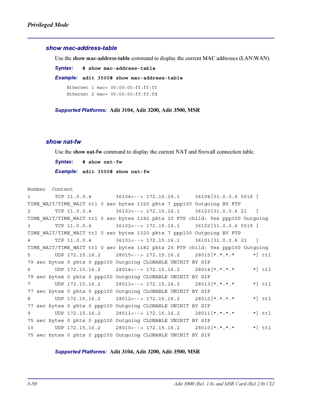 Carrier Access none manual Show mac-address-table, Syntax # show nat-fw Example adit 3500# show nat-fw 