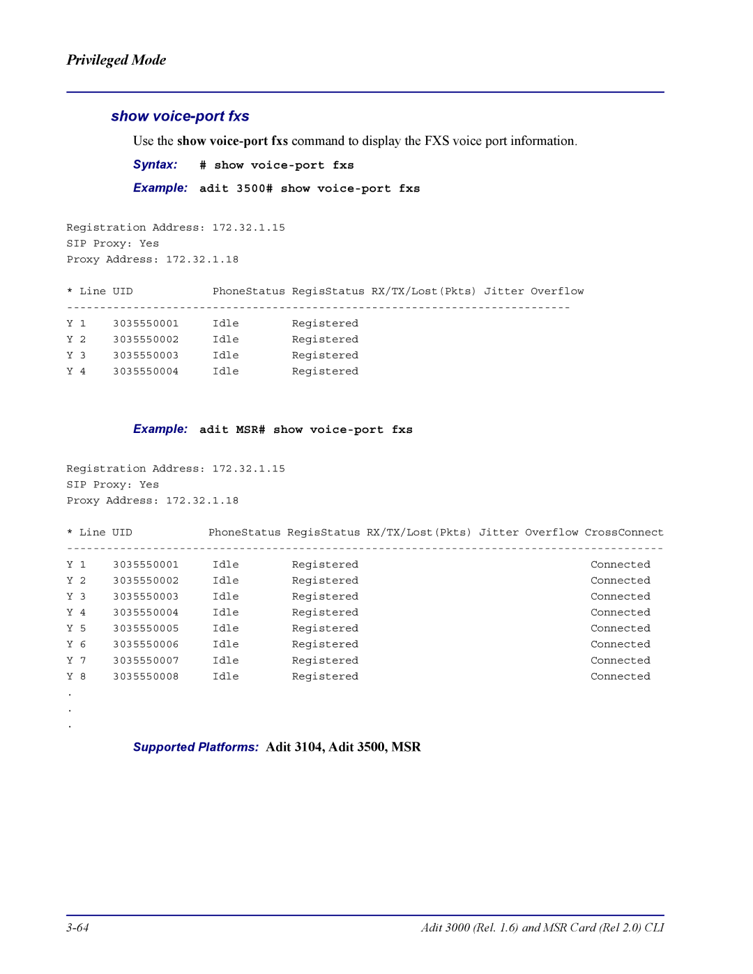 Carrier Access none manual Syntax # show voice-port fxs, Example adit 3500# show voice-port fxs 