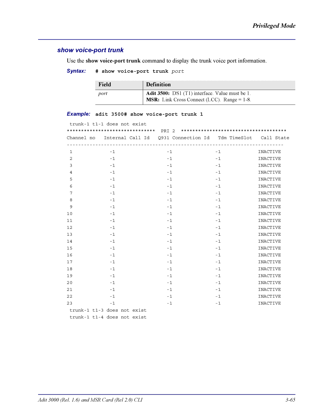 Carrier Access none manual Syntax # show voice-port trunk port, Example adit 3500# show voice-port trunk 