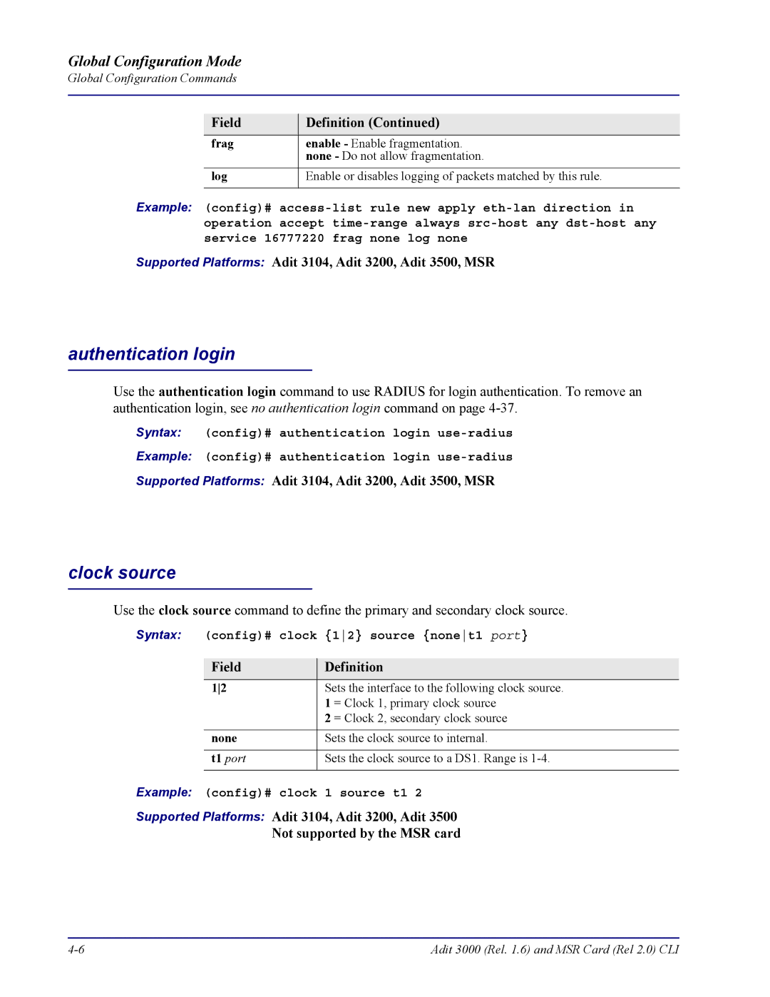 Carrier Access manual Authentication login, Clock source, Syntax config# clock 12 source nonet1 port, None 