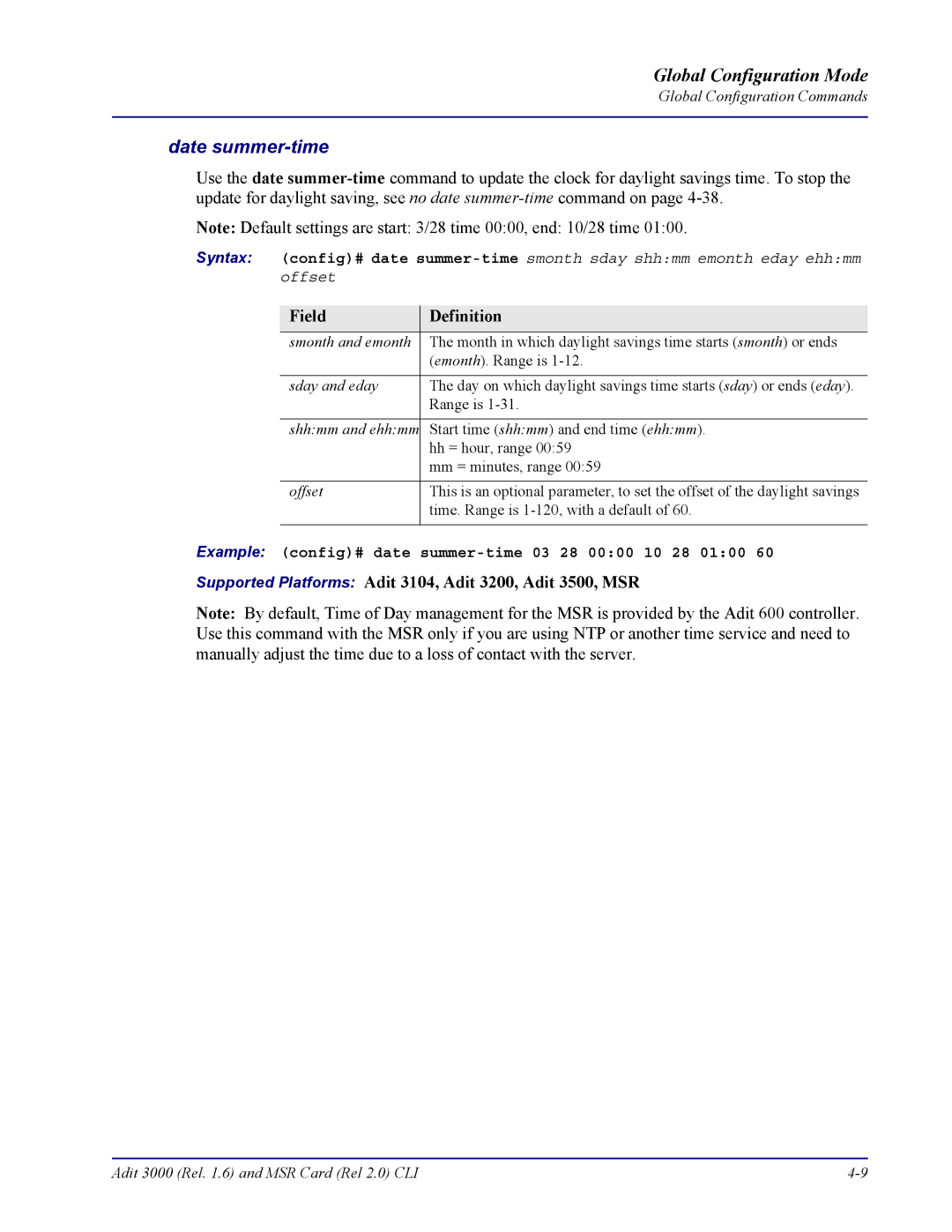 Carrier Access none manual Date summer-time, Example config# date summer-time 03 28 0000 10 28 0100 