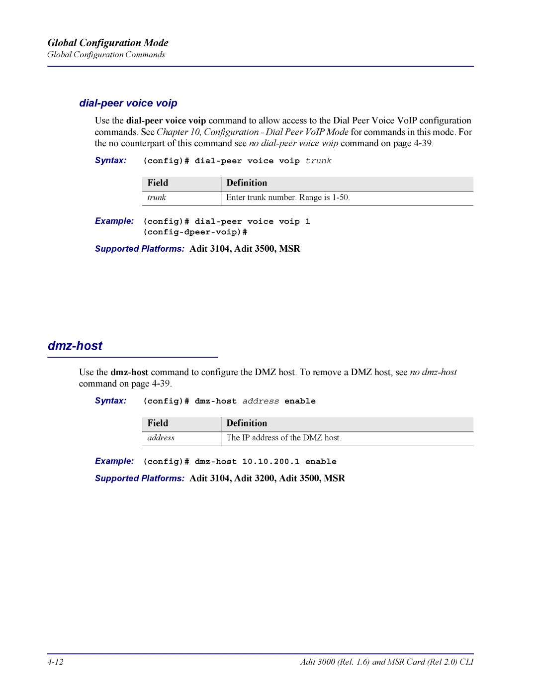 Carrier Access none manual Dmz-host, Dial-peer voice voip 