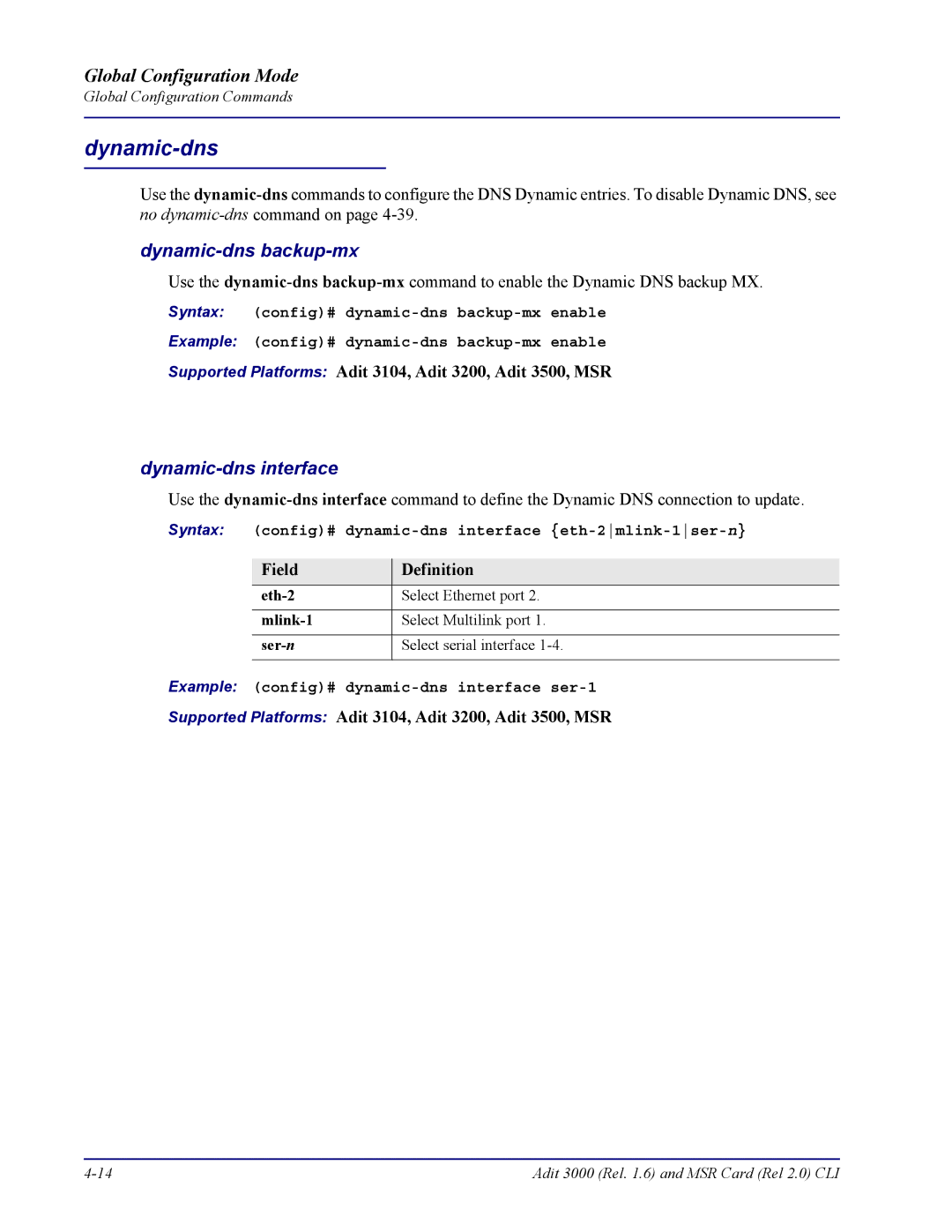 Carrier Access none manual Dynamic-dns backup-mx, Dynamic-dns interface, Example config# dynamic-dns interface ser-1 