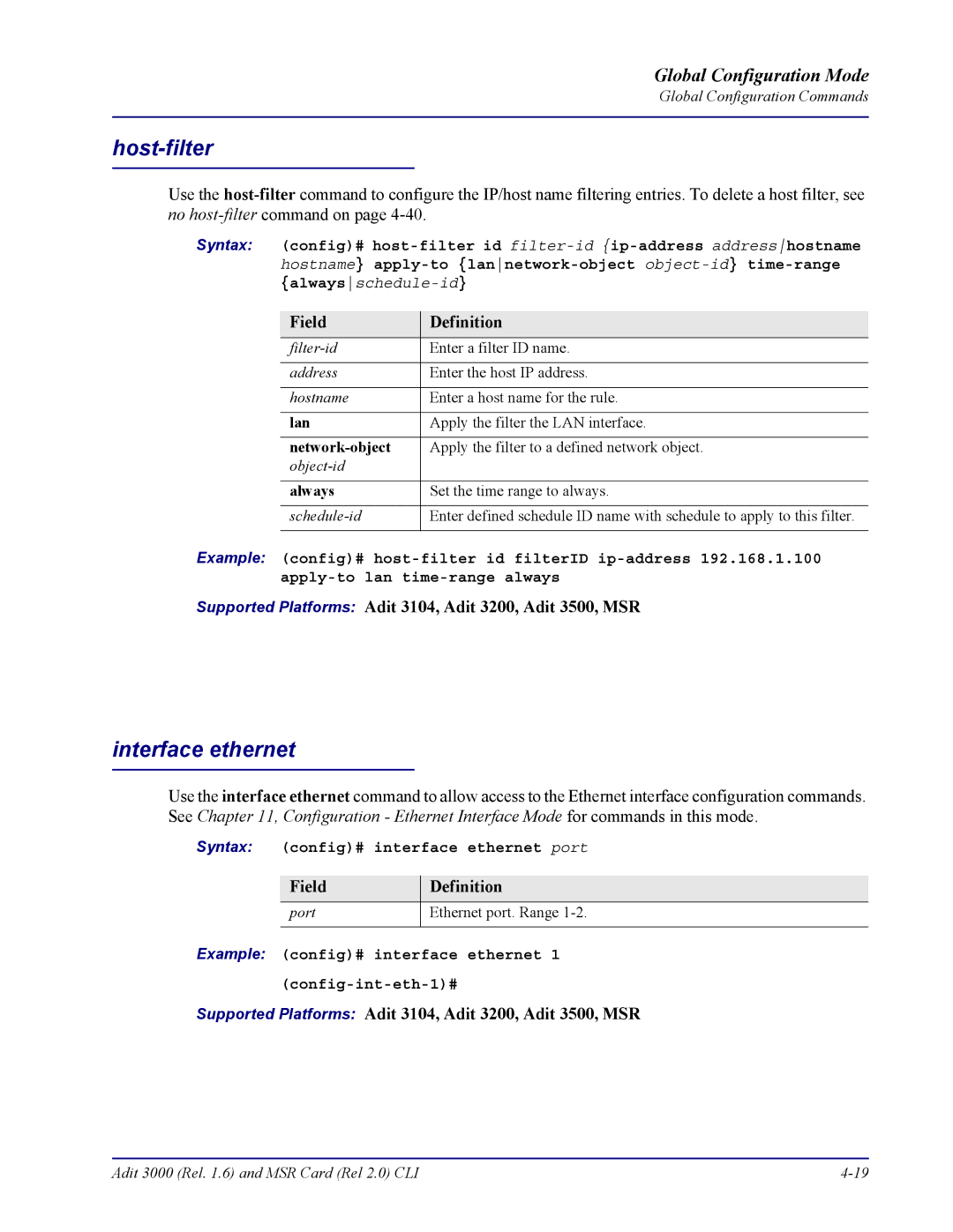 Carrier Access none manual Host-filter, Interface ethernet, Network-object, Syntax config# interface ethernet port 