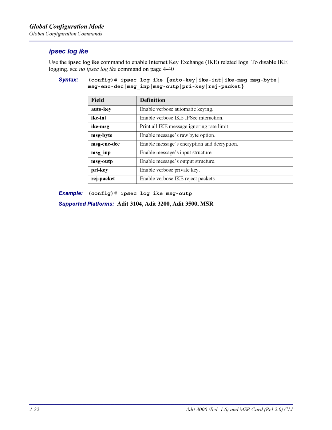 Carrier Access none manual Ipsec log ike, Example config# ipsec log ike msg-outp 