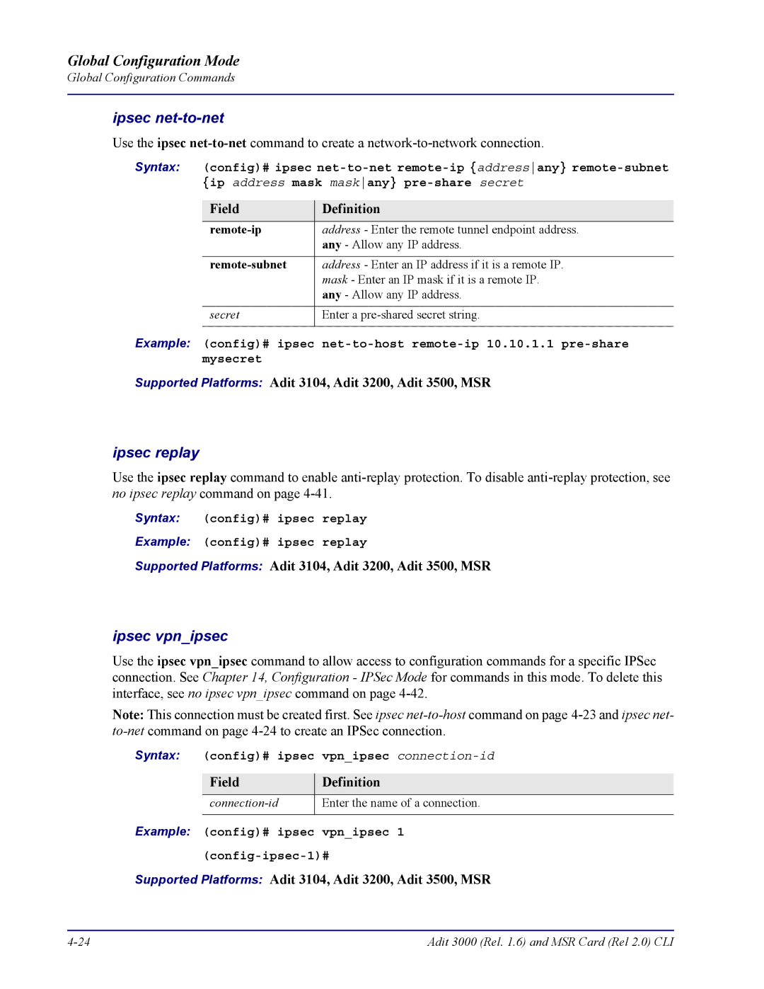 Carrier Access none manual Ipsec net-to-net, Ipsec replay, Ipsec vpnipsec, Remote-ip, Remote-subnet 